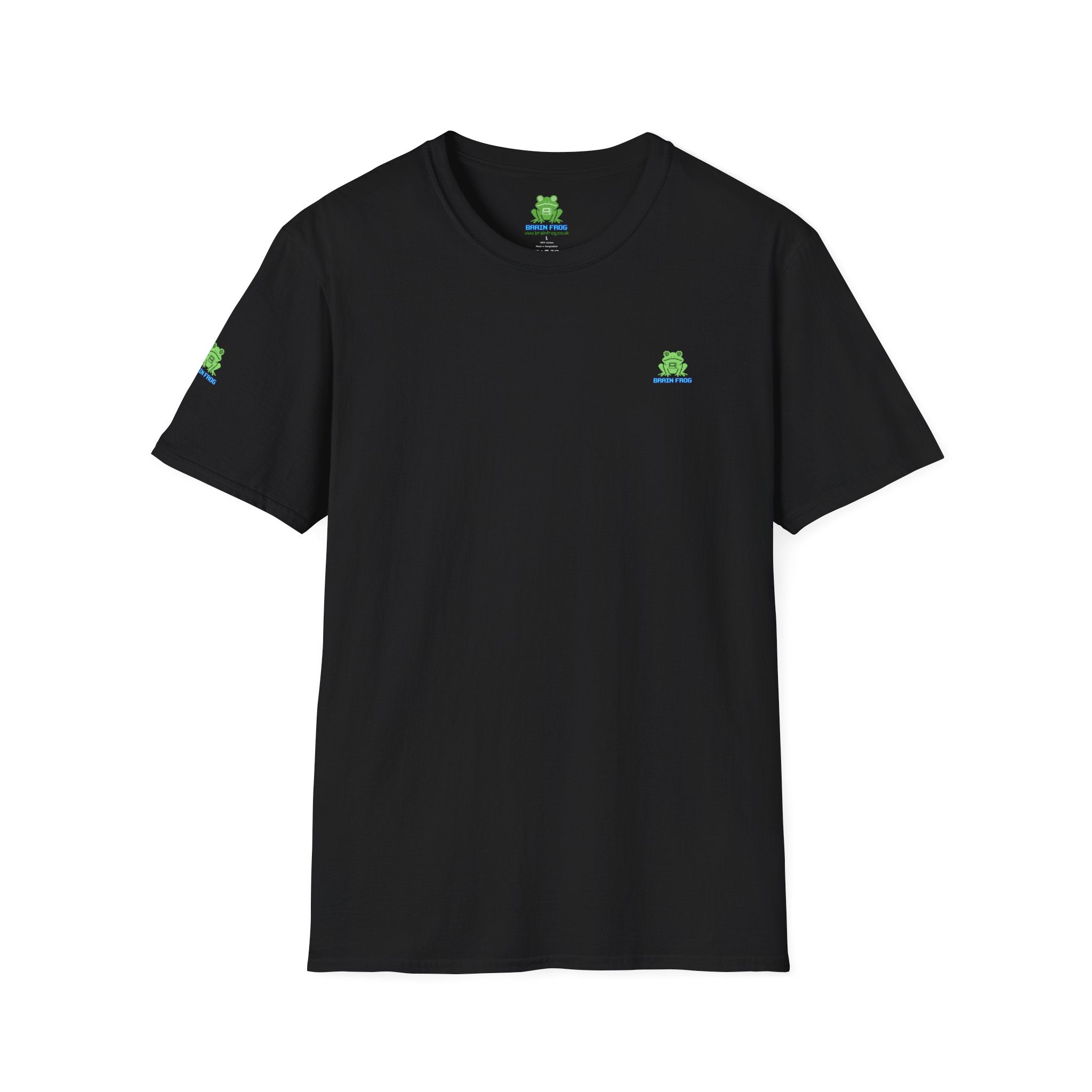 Brain Frog Design Signature T-Shirt - Small Green Brain Frog Logo Tee (Front Chest & Sleeve) - 100% Cotton / Cotton Blend