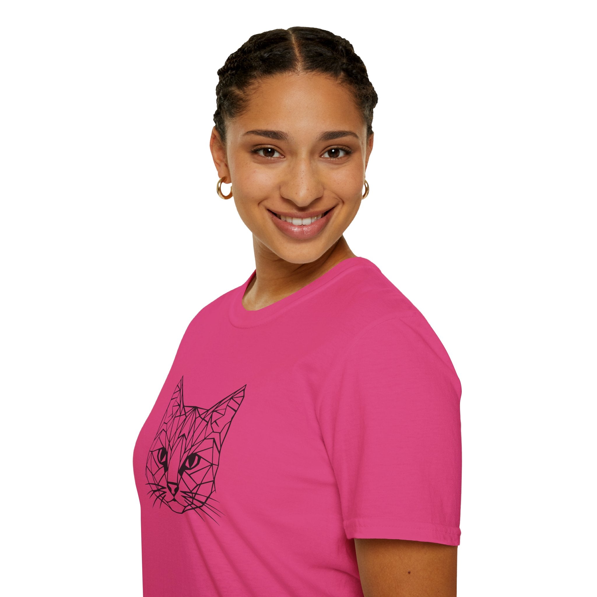 Geometric Cat T-Shirt - Minimal Line Art Cat Face Tee - 100% Cotton
