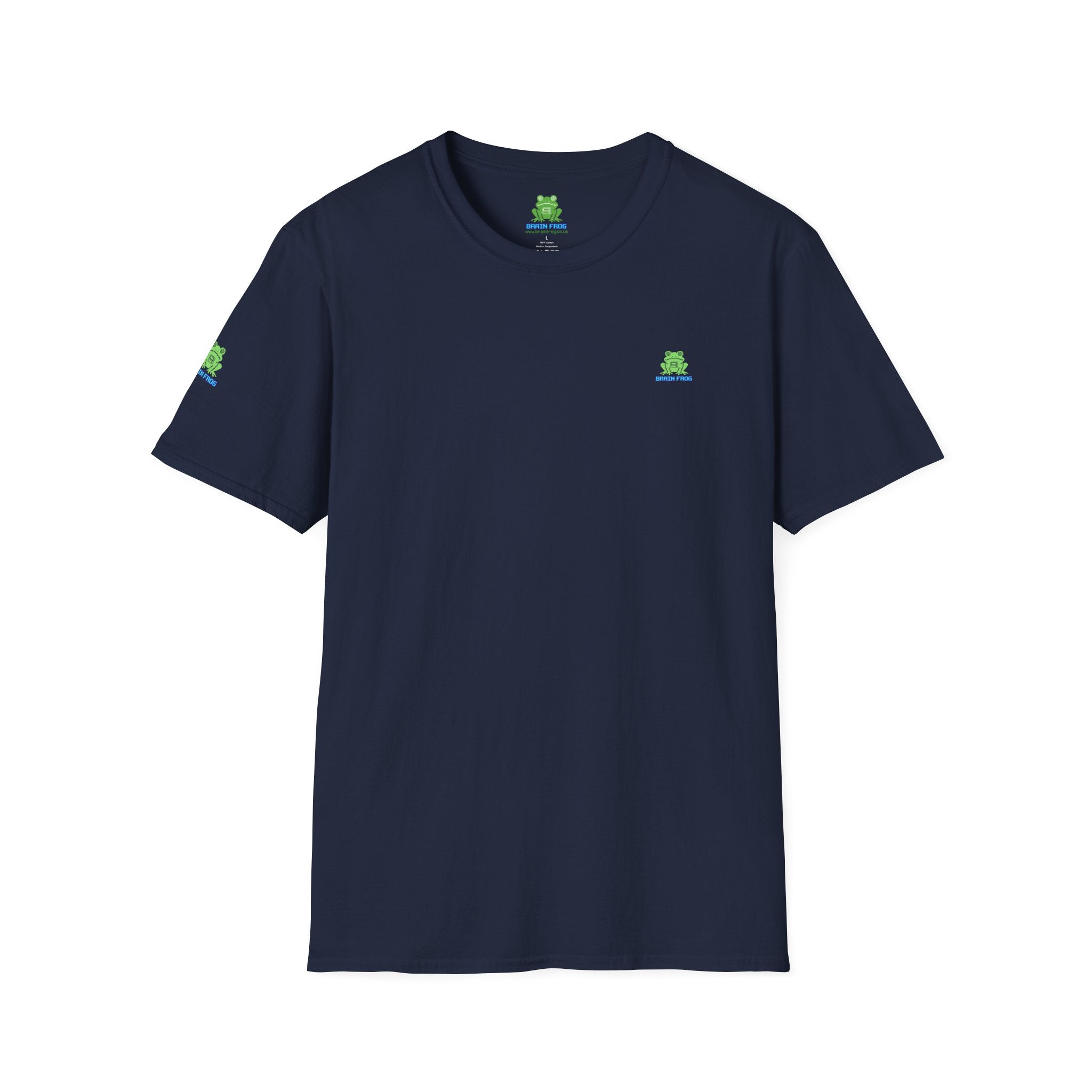 Brain Frog Design Signature T-Shirt - Small Green Brain Frog Logo Tee (Front Chest & Sleeve) - 100% Cotton