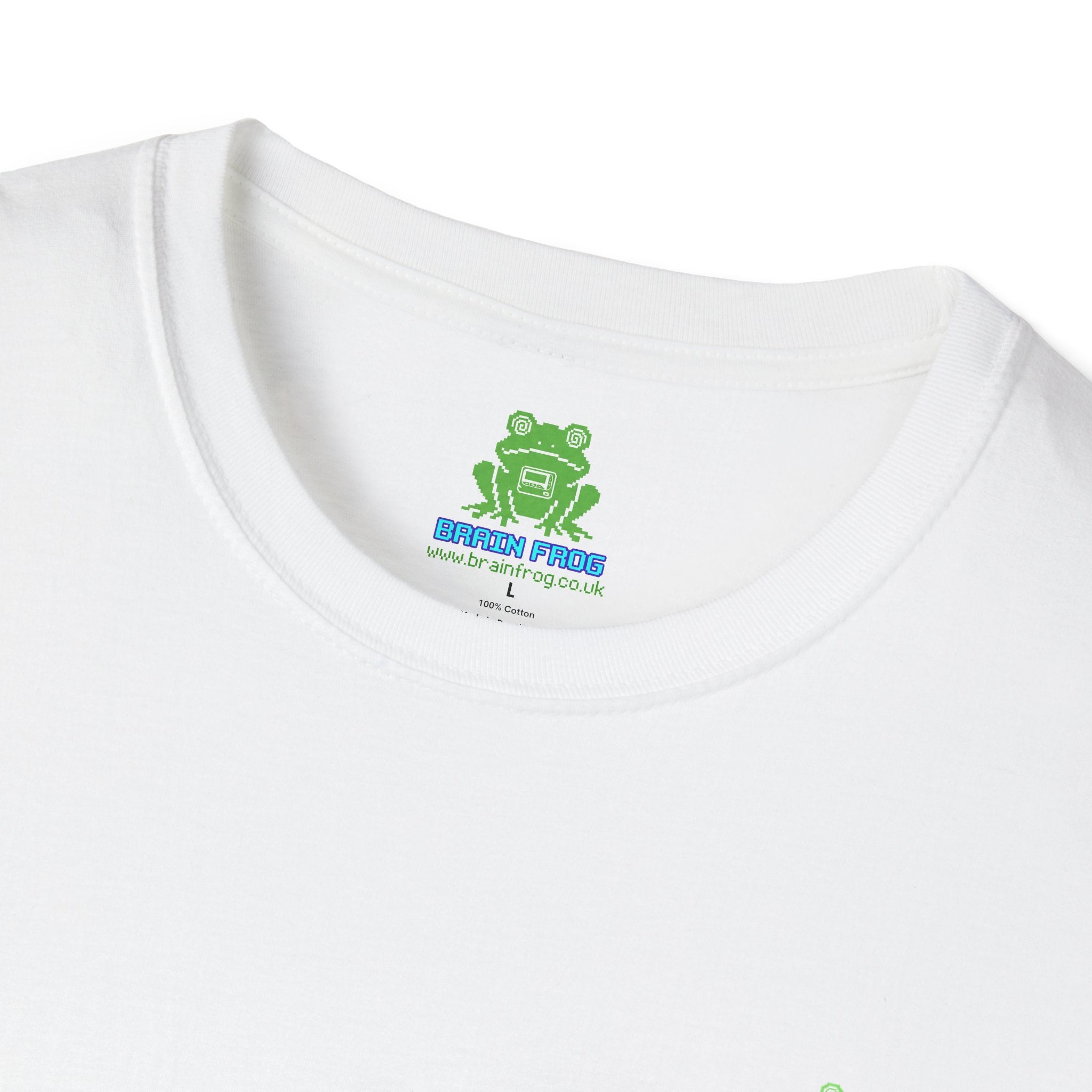 Brain Frog Design Signature T-Shirt - Small Green Brain Frog Logo Tee (Front Chest & Sleeve) - 100% Cotton / Cotton Blend