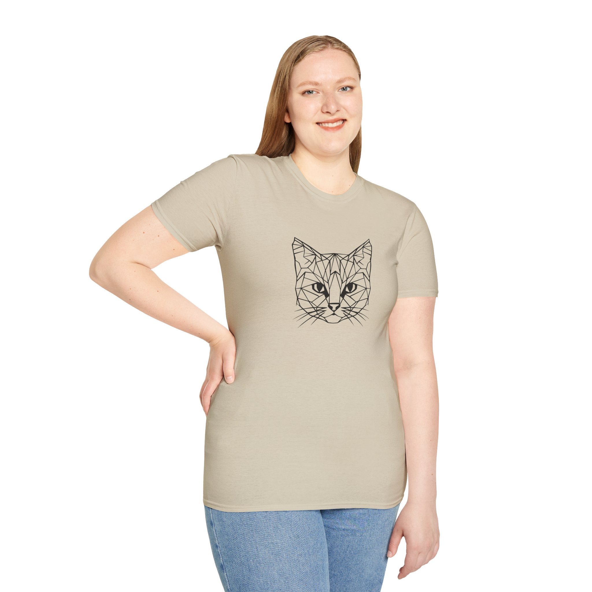 Geometric Cat T-Shirt - Minimal Line Art Cat Face Tee - 100% Cotton