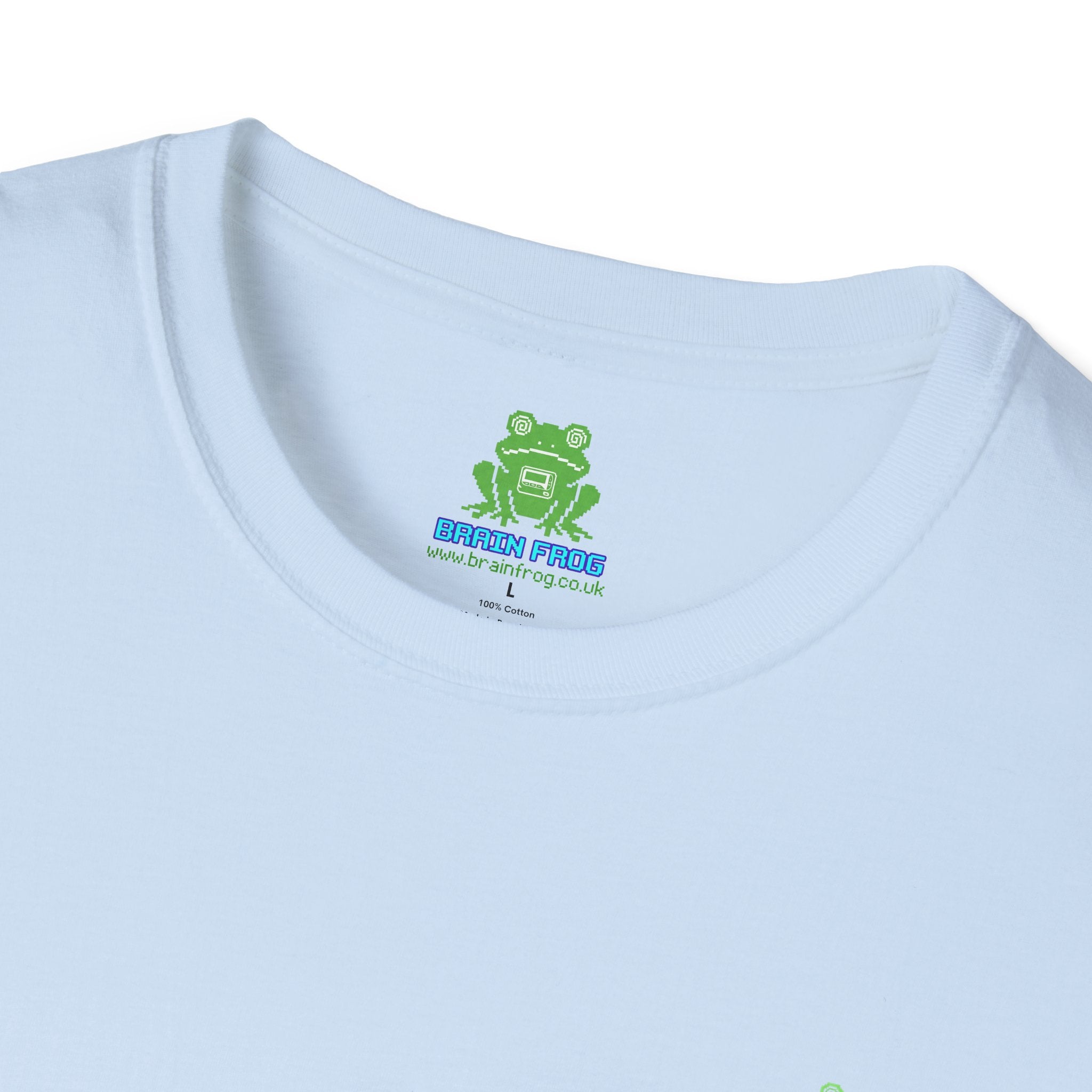 Brain Frog Design Signature T-Shirt - Small Green Brain Frog Logo Tee (Front Chest & Sleeve) - 100% Cotton / Cotton Blend
