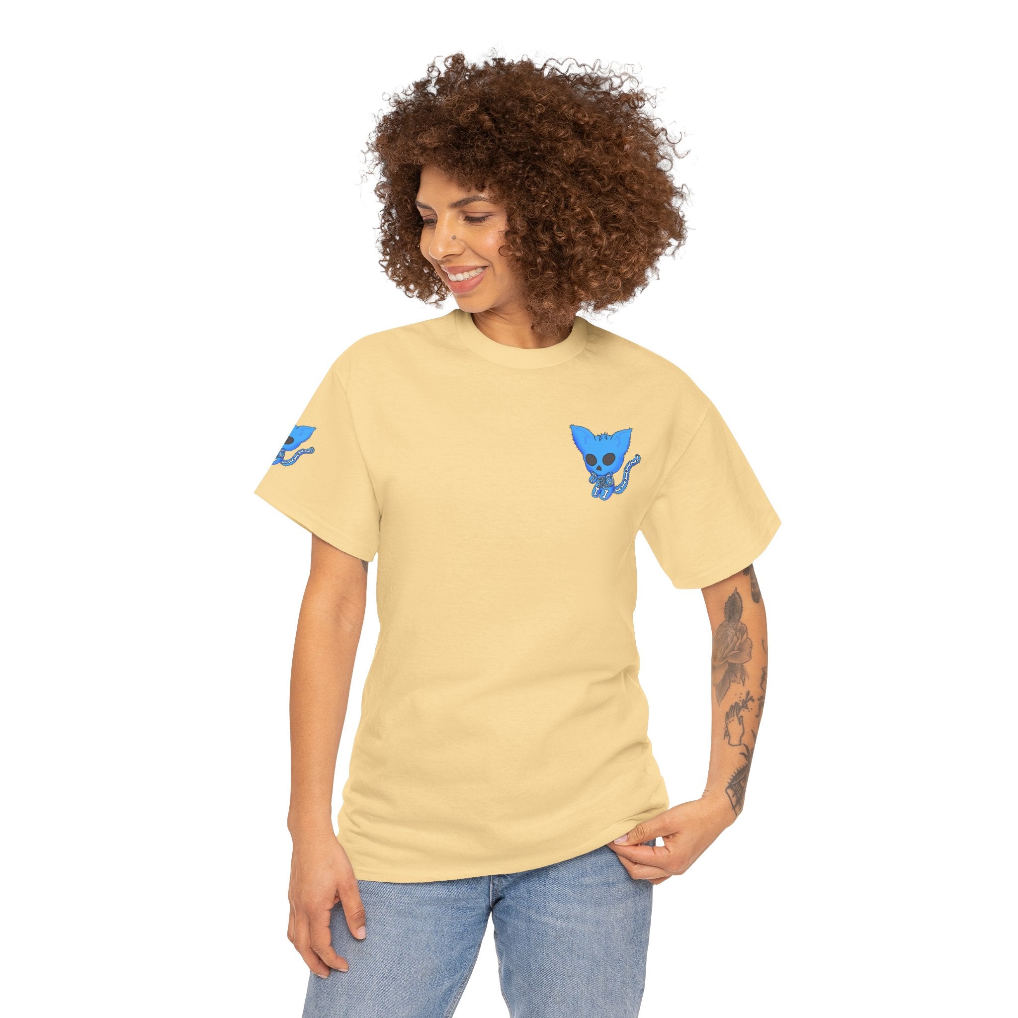 Blue Skeleton Cat Graphic Tee - Cute Creepy Kitty Shirt - 100% Cotton
