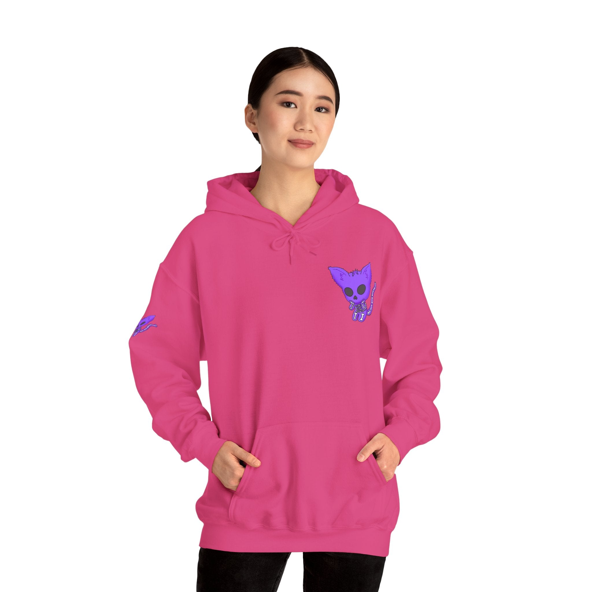 Purple Skeleton Cat Hoodie – Cute Spooky Graphic Sweatshirt - Unique Brand Design