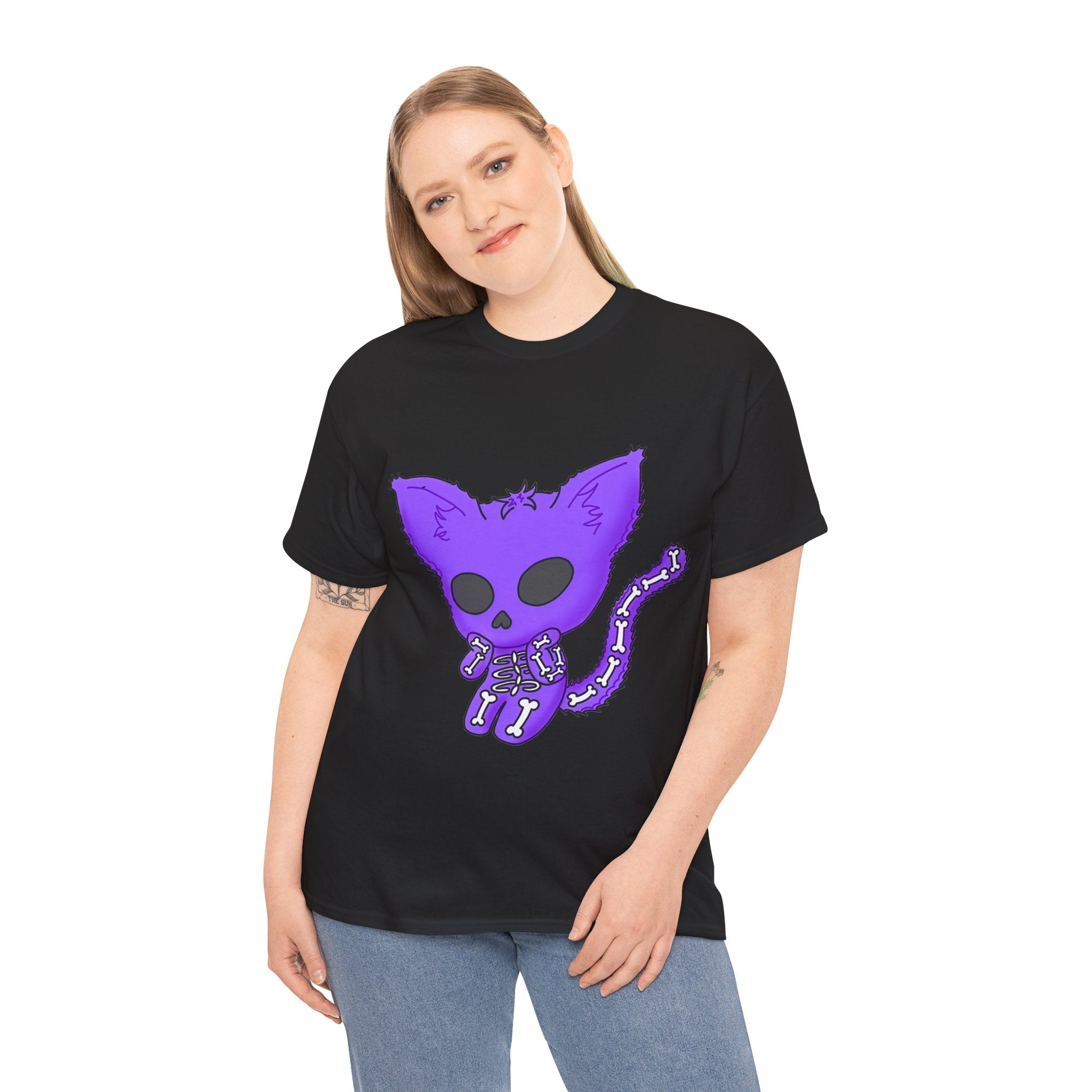 Purple Skeleton Cat Graphic Tee - Cute Creepy Kitty Shirt - 100% Cotton