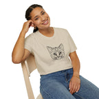 Geometric Cat T-Shirt - Minimal Line Art Cat Face Tee - 100% Cotton