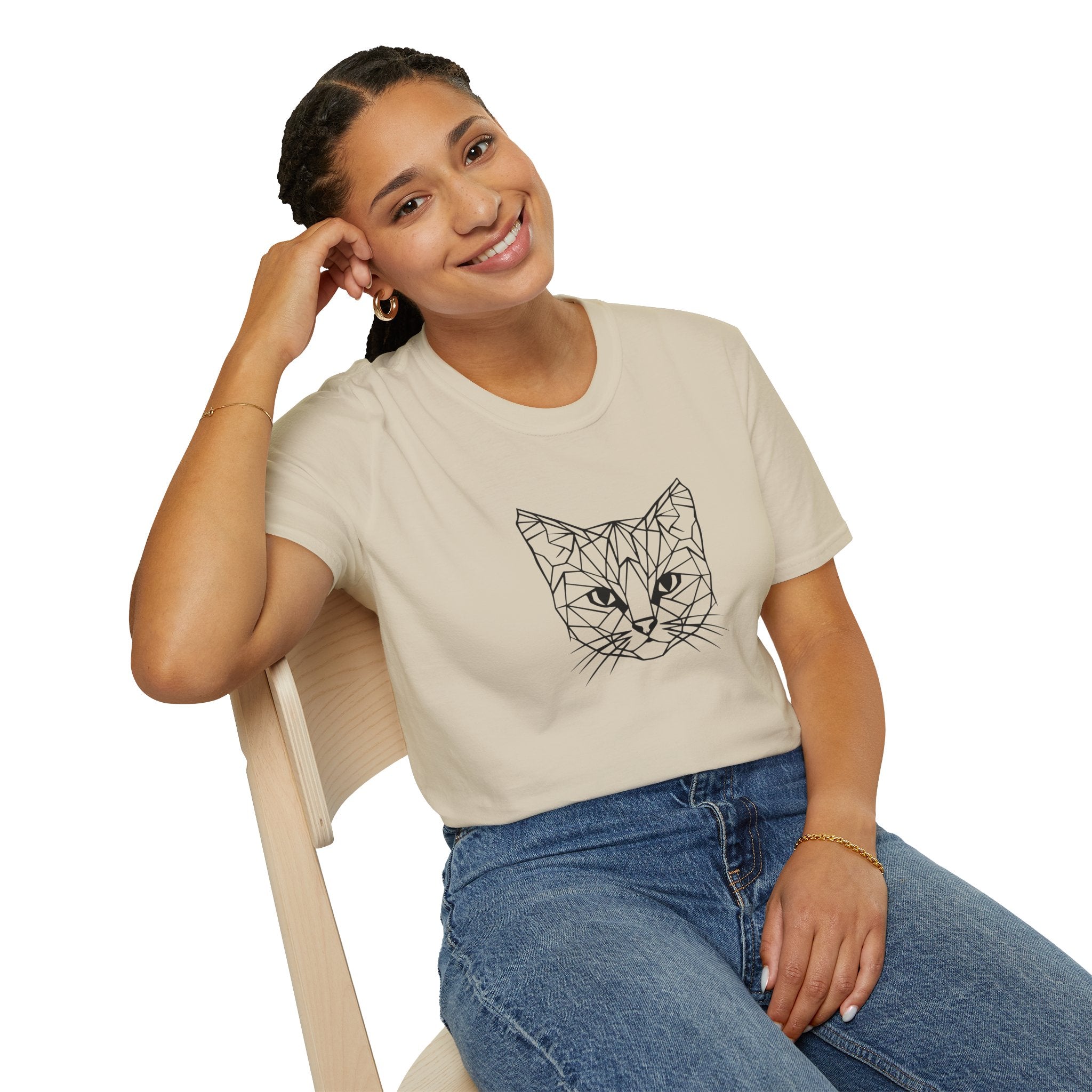 Geometric Cat T-Shirt - Minimal Line Art Cat Face Tee - 100% Cotton