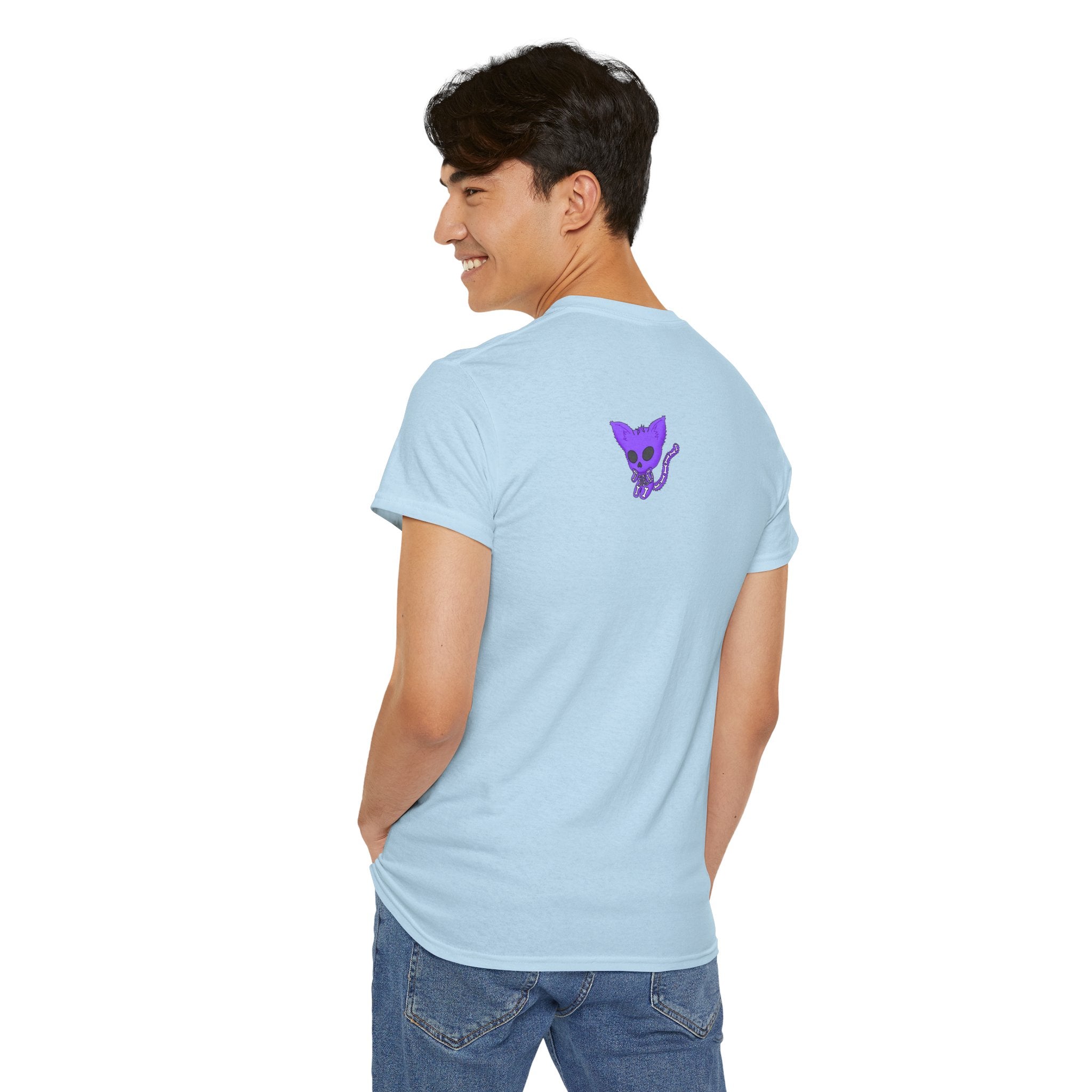 Purple Skeleton Cat Graphic Tee - Cute Creepy Kitty Shirt - 100% Cotton