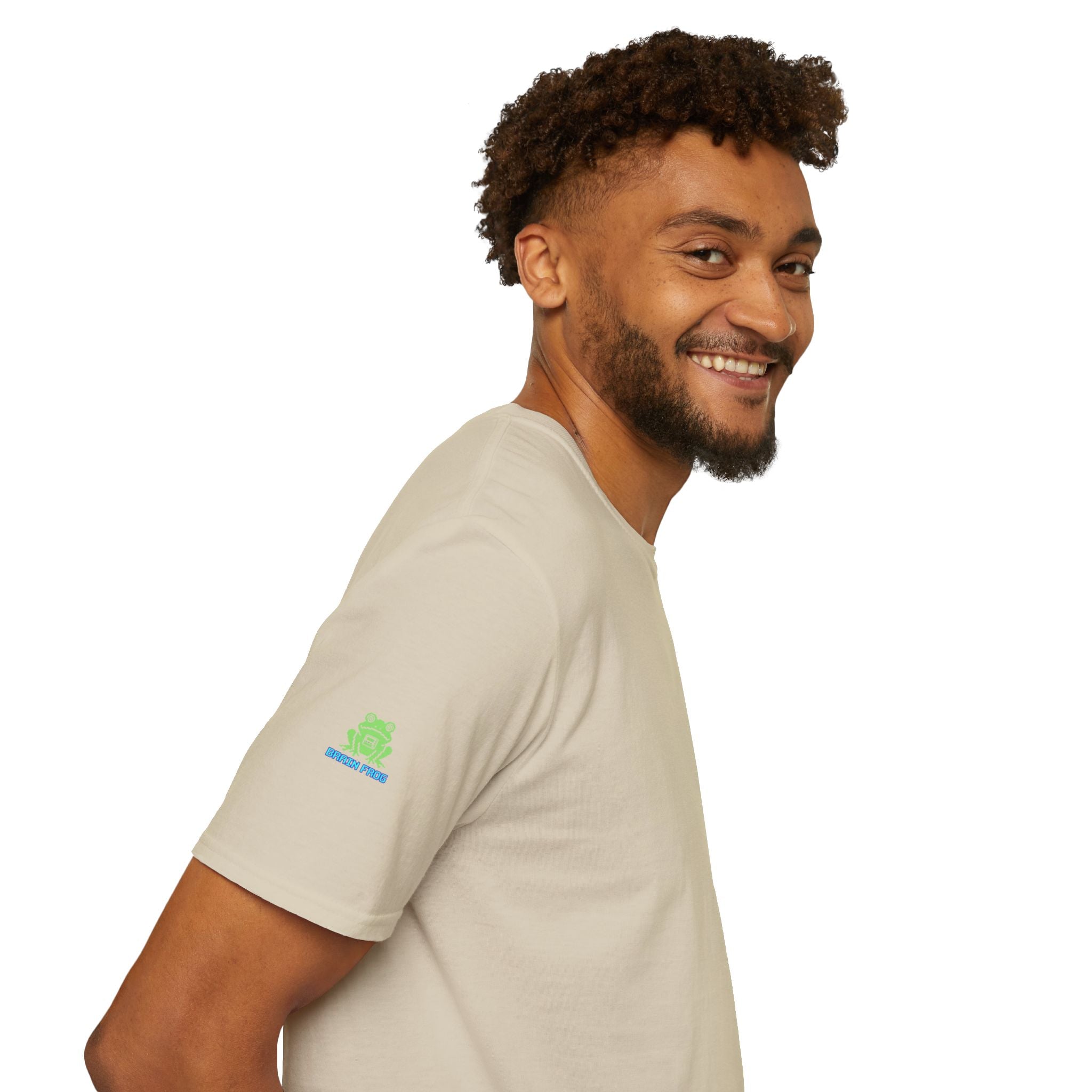 Brain Frog Design Signature T-Shirt - Small Green Brain Frog Logo Tee (Front Chest & Sleeve) - 100% Cotton