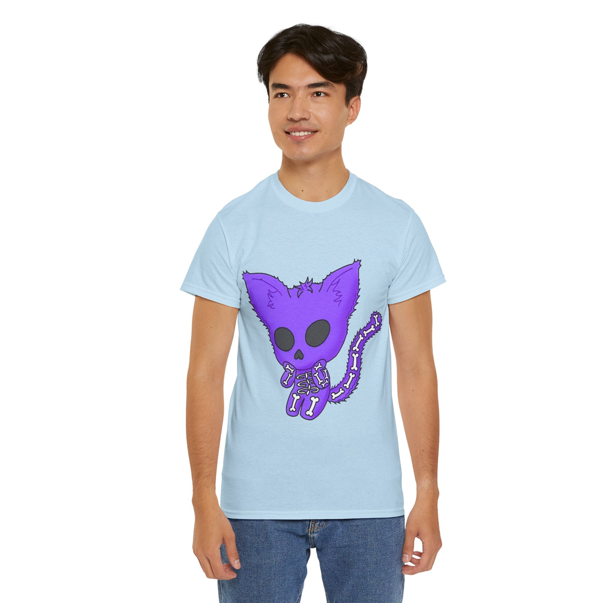 Purple Skeleton Cat Graphic Tee - Cute Creepy Kitty Shirt - 100% Cotton