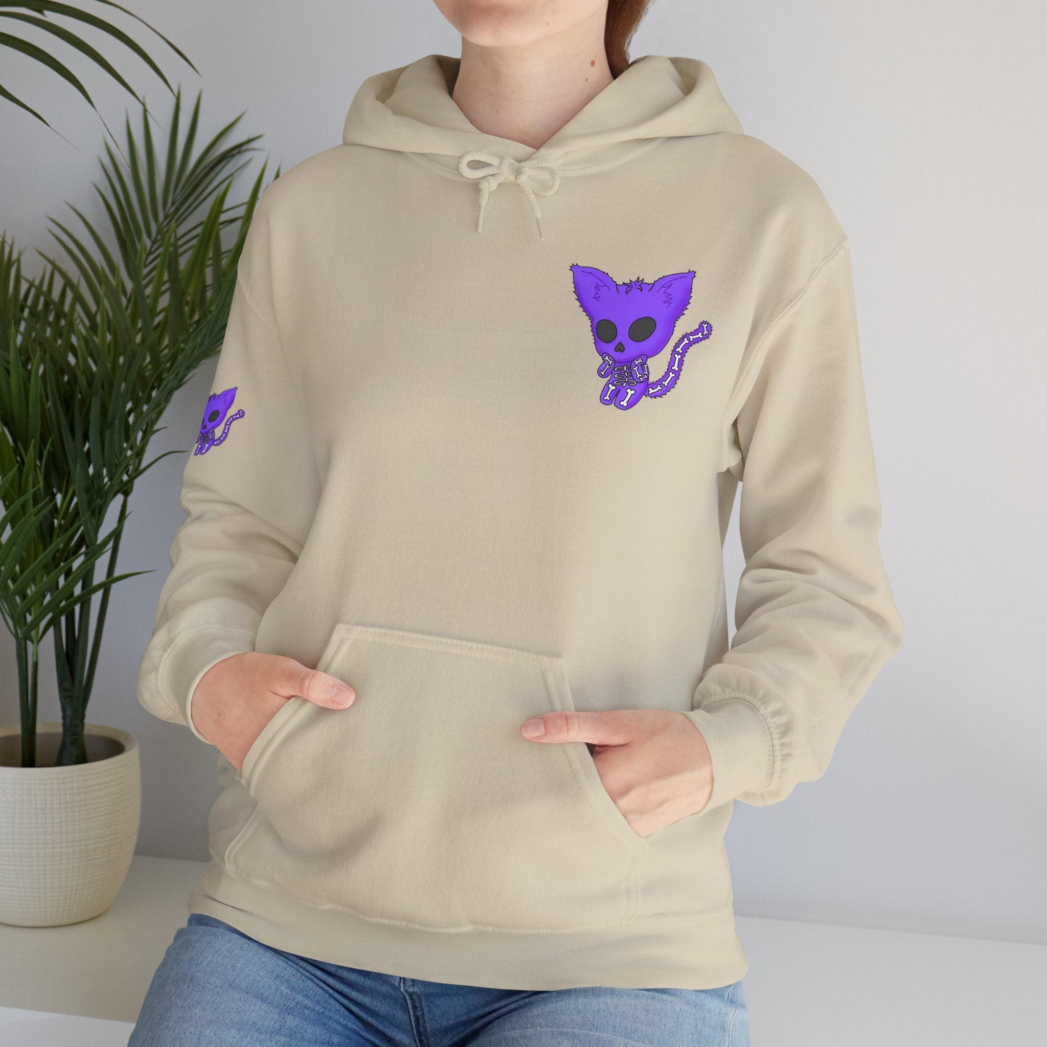 Purple Skeleton Cat Hoodie – Cute Spooky Graphic Sweatshirt - Unique Brand Design