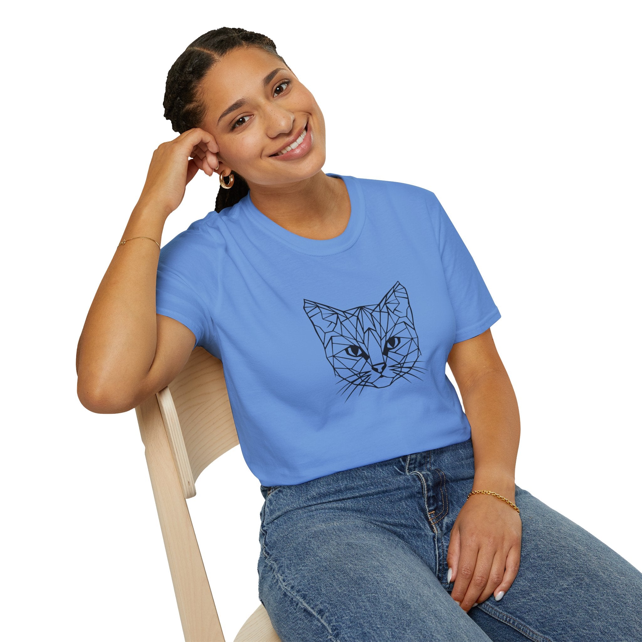 Geometric Cat T-Shirt - Minimal Line Art Cat Face Tee - 100% Cotton