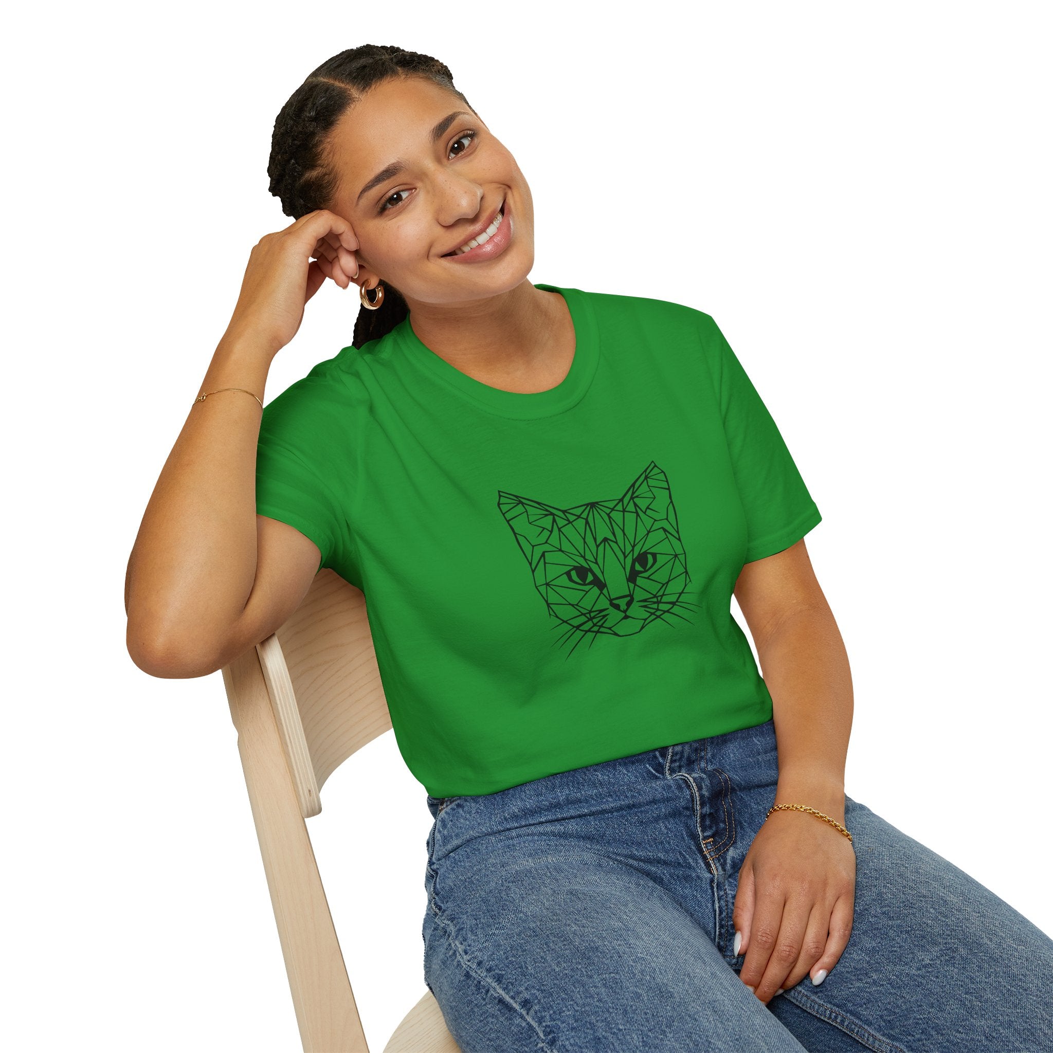 Geometric Cat T-Shirt - Minimal Line Art Cat Face Tee - 100% Cotton
