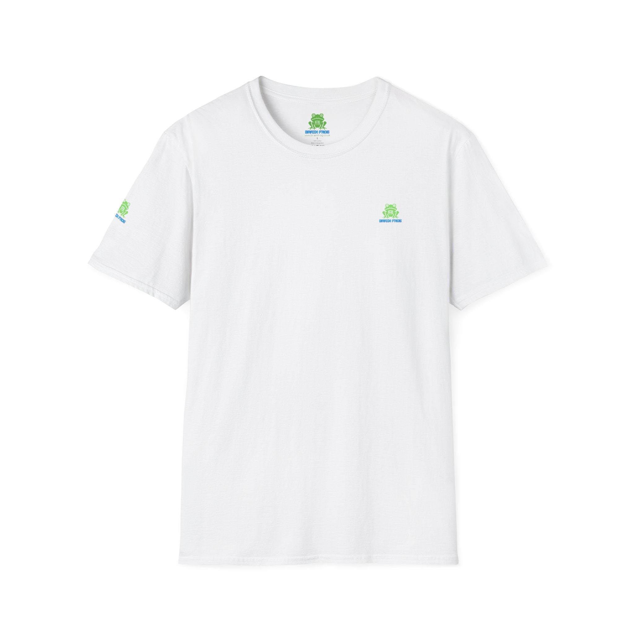 Brain Frog Design Signature T-Shirt - Small Green Brain Frog Logo Tee (Front Chest & Sleeve) - 100% Cotton / Cotton Blend