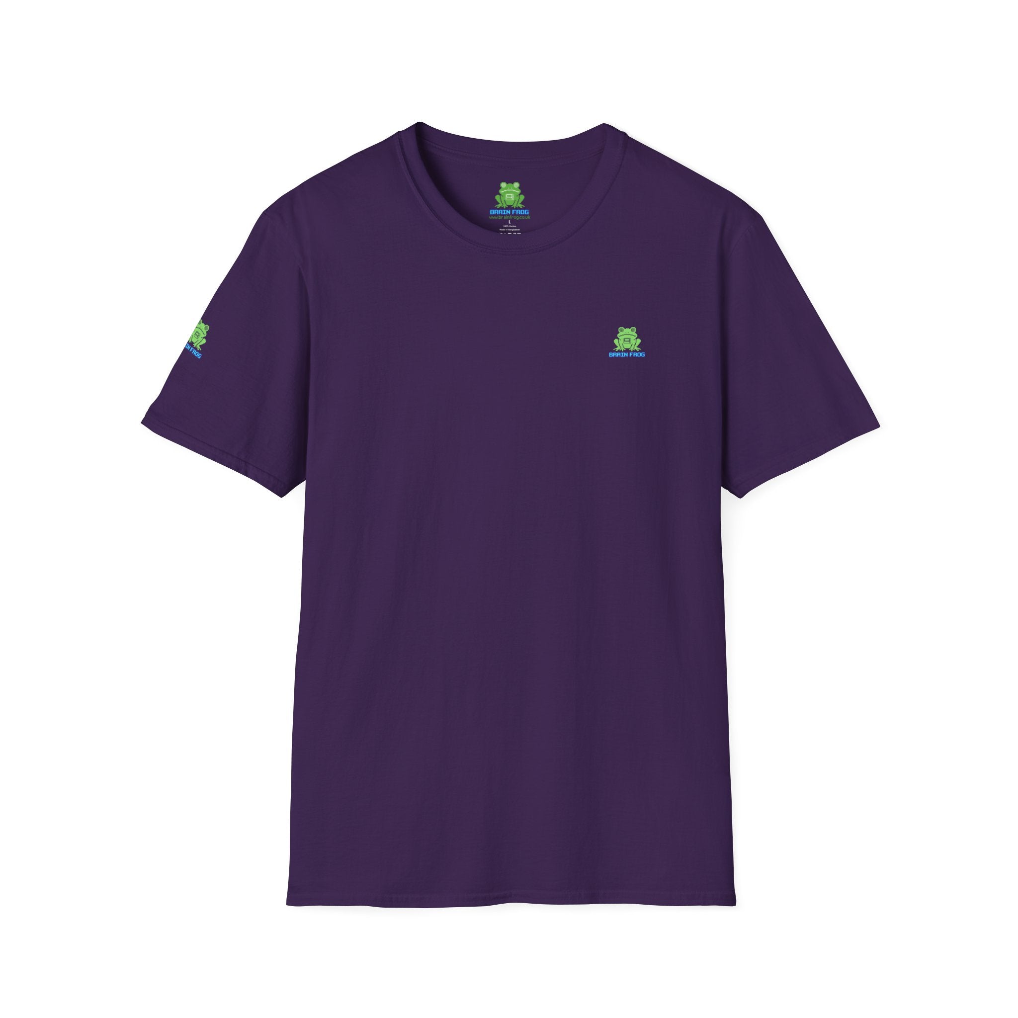 Brain Frog Design Signature T-Shirt - Small Green Brain Frog Logo Tee (Front Chest & Sleeve) - 100% Cotton / Cotton Blend