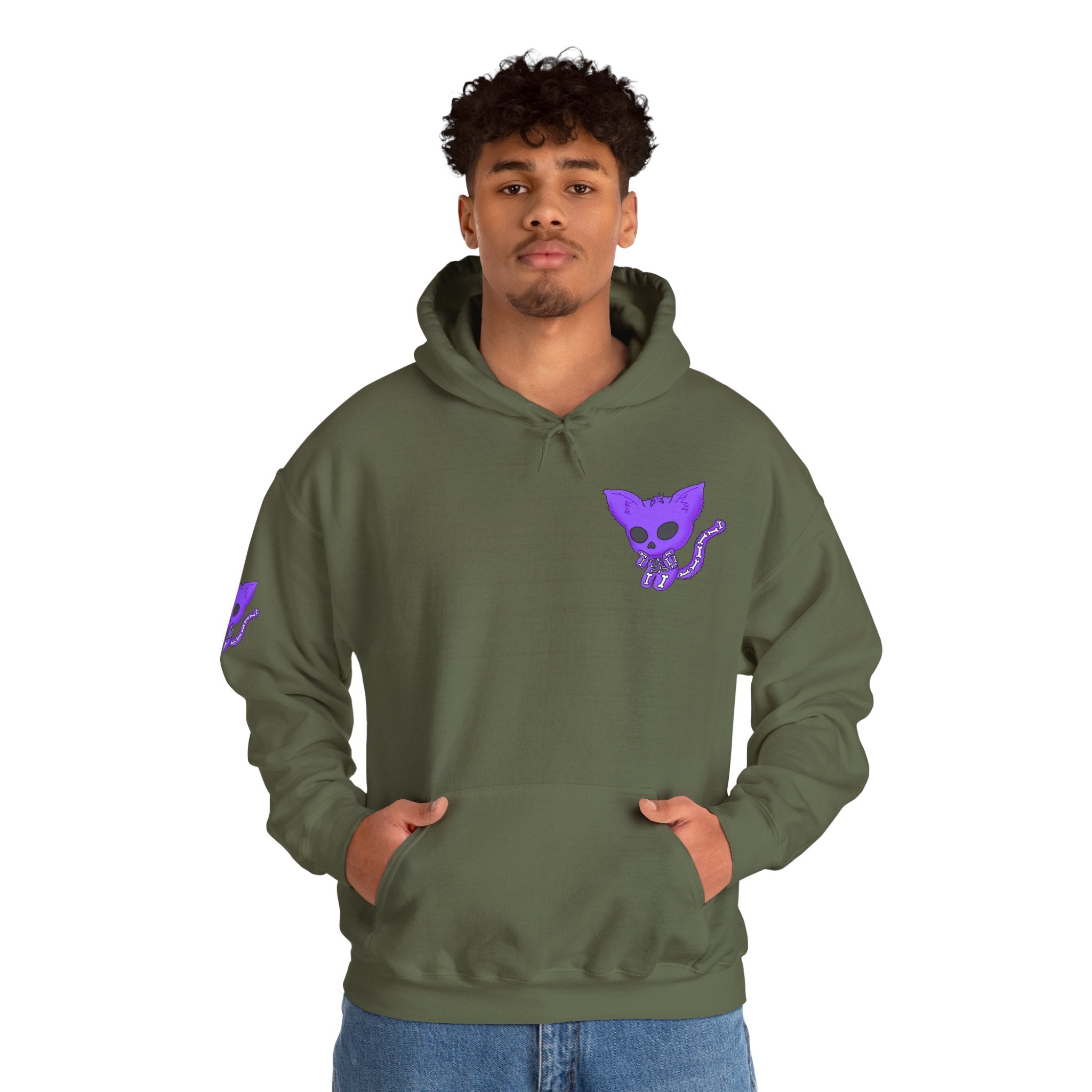 Purple Skeleton Cat Hoodie – Cute Spooky Graphic Sweatshirt - Unique Brand Design