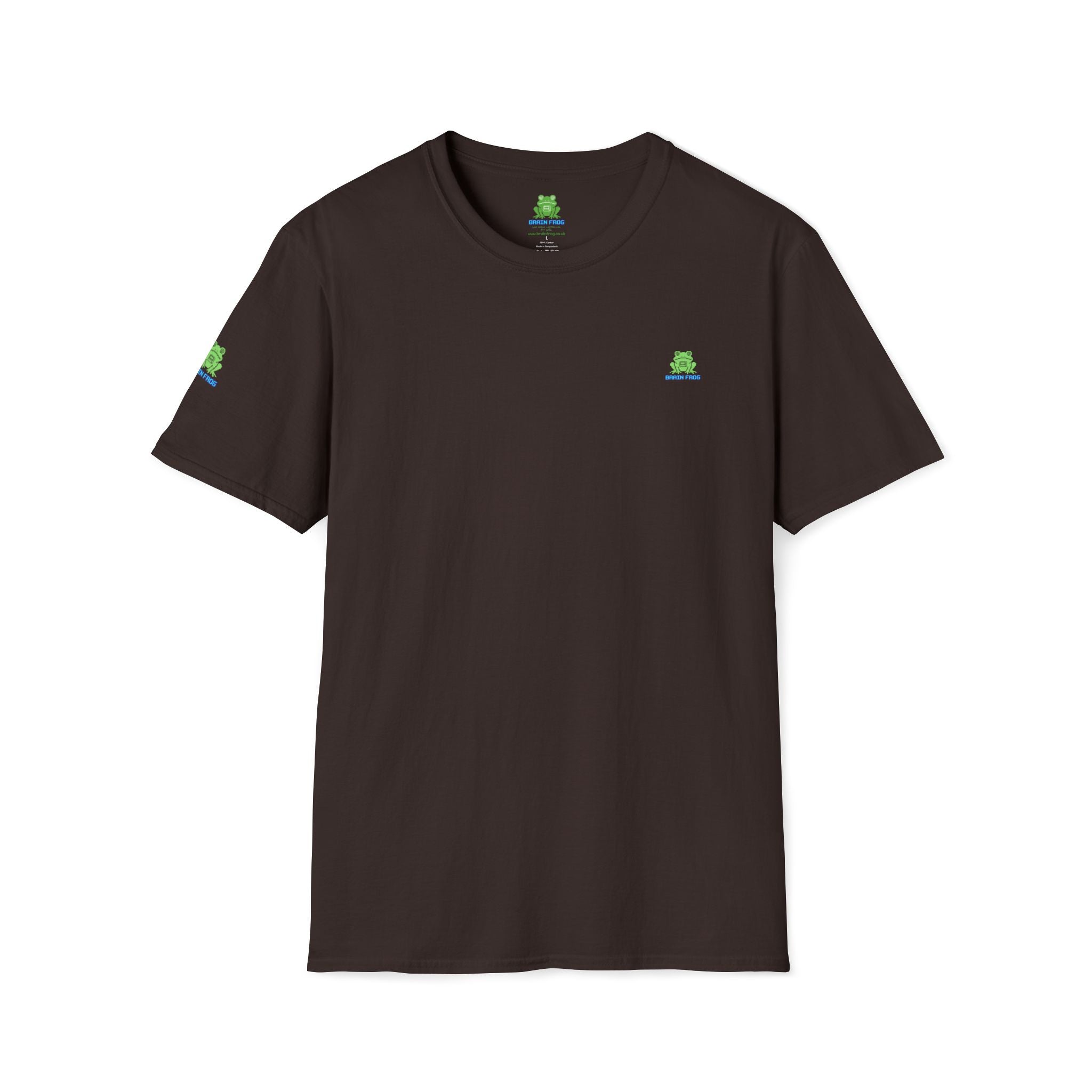 Brain Frog Design Signature T-Shirt - Small Green Brain Frog Logo Tee (Front Chest & Sleeve) - 100% Cotton