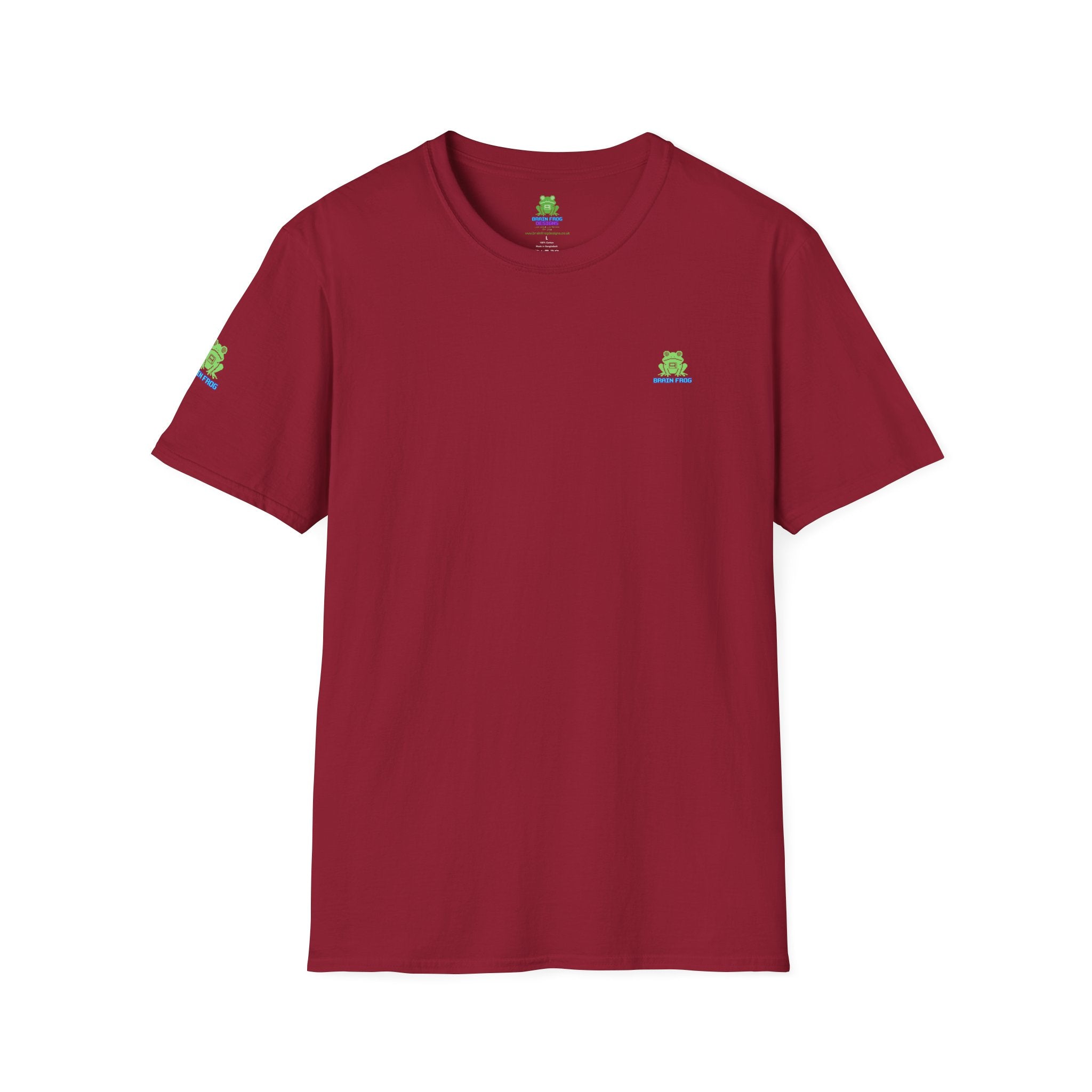 Brain Frog Design Signature T-Shirt - Small Green Brain Frog Logo Tee (Front Chest & Sleeve) - 100% Cotton / Cotton Blend