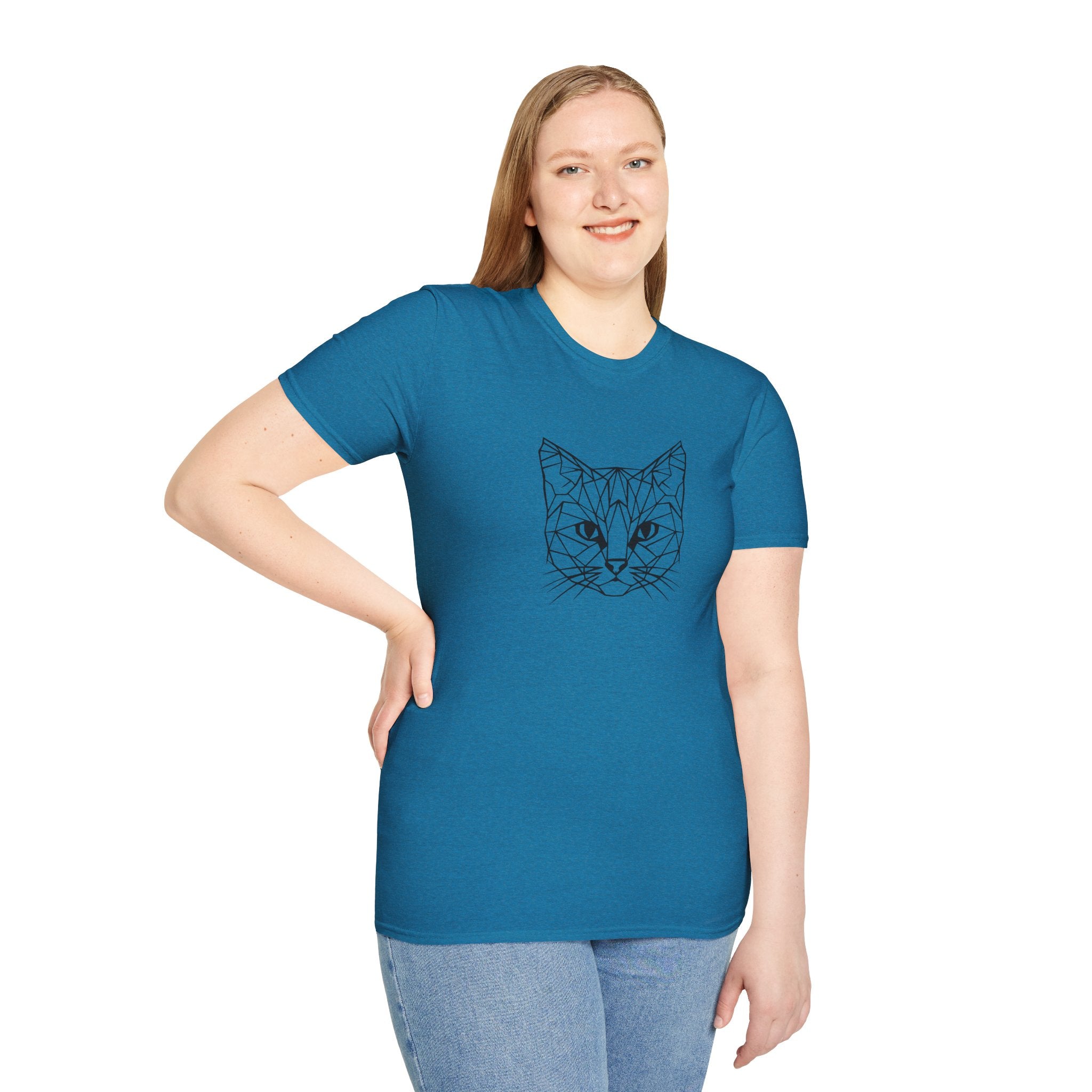 Geometric Cat T-Shirt - Minimal Line Art Cat Face Tee - 100% Cotton