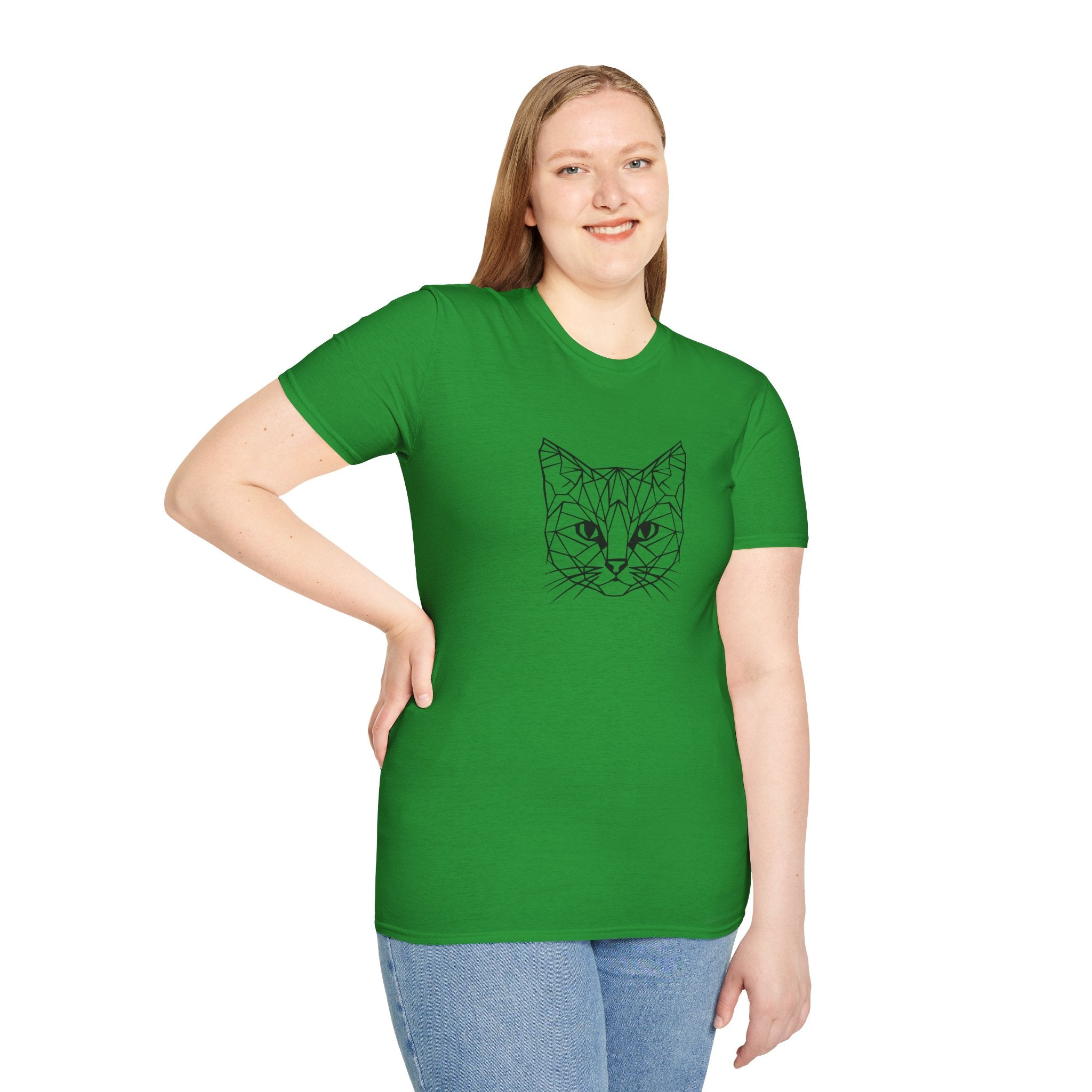 Geometric Cat T-Shirt - Minimal Line Art Cat Face Tee - 100% Cotton