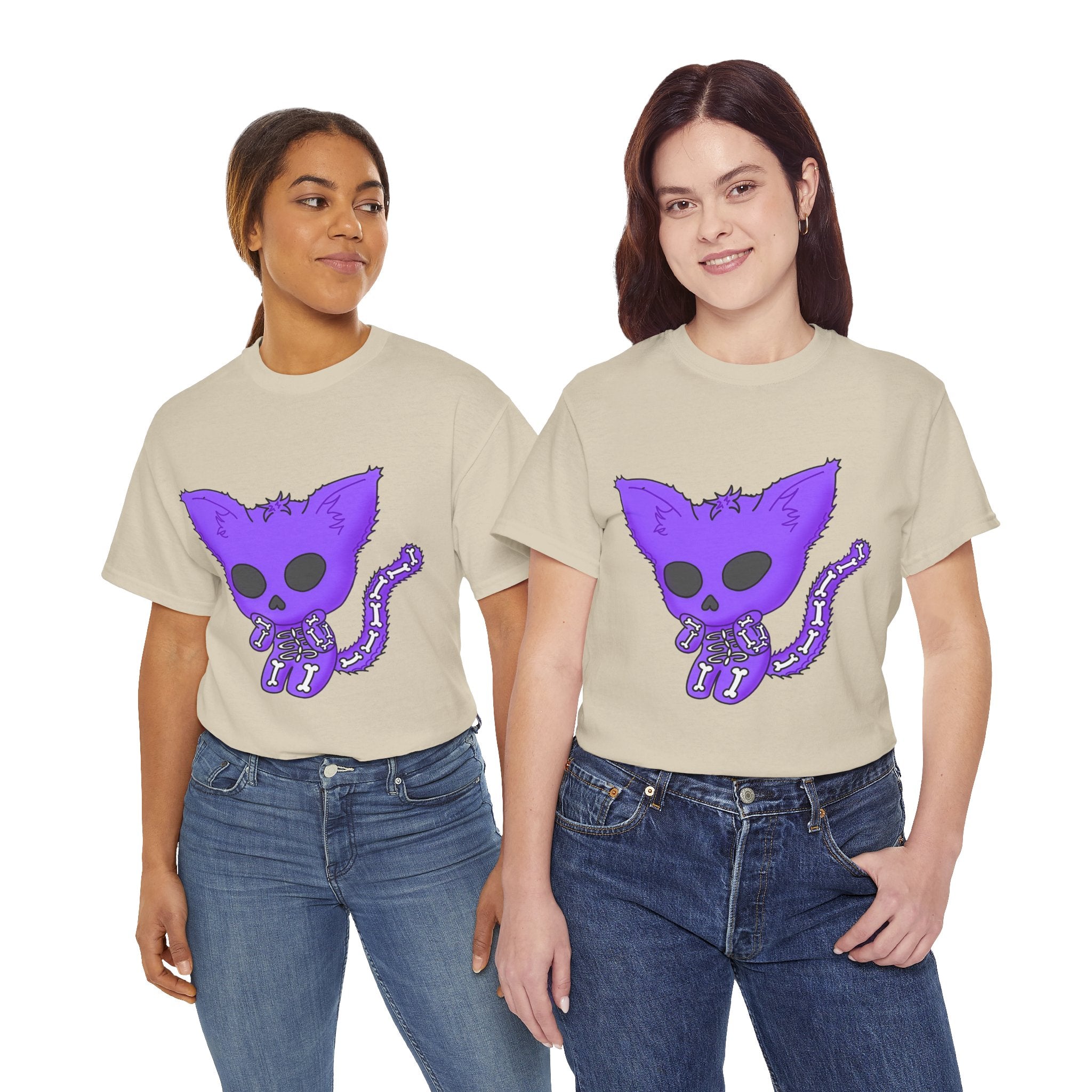 Purple Skeleton Cat Graphic Tee - Cute Creepy Kitty Shirt - 100% Cotton