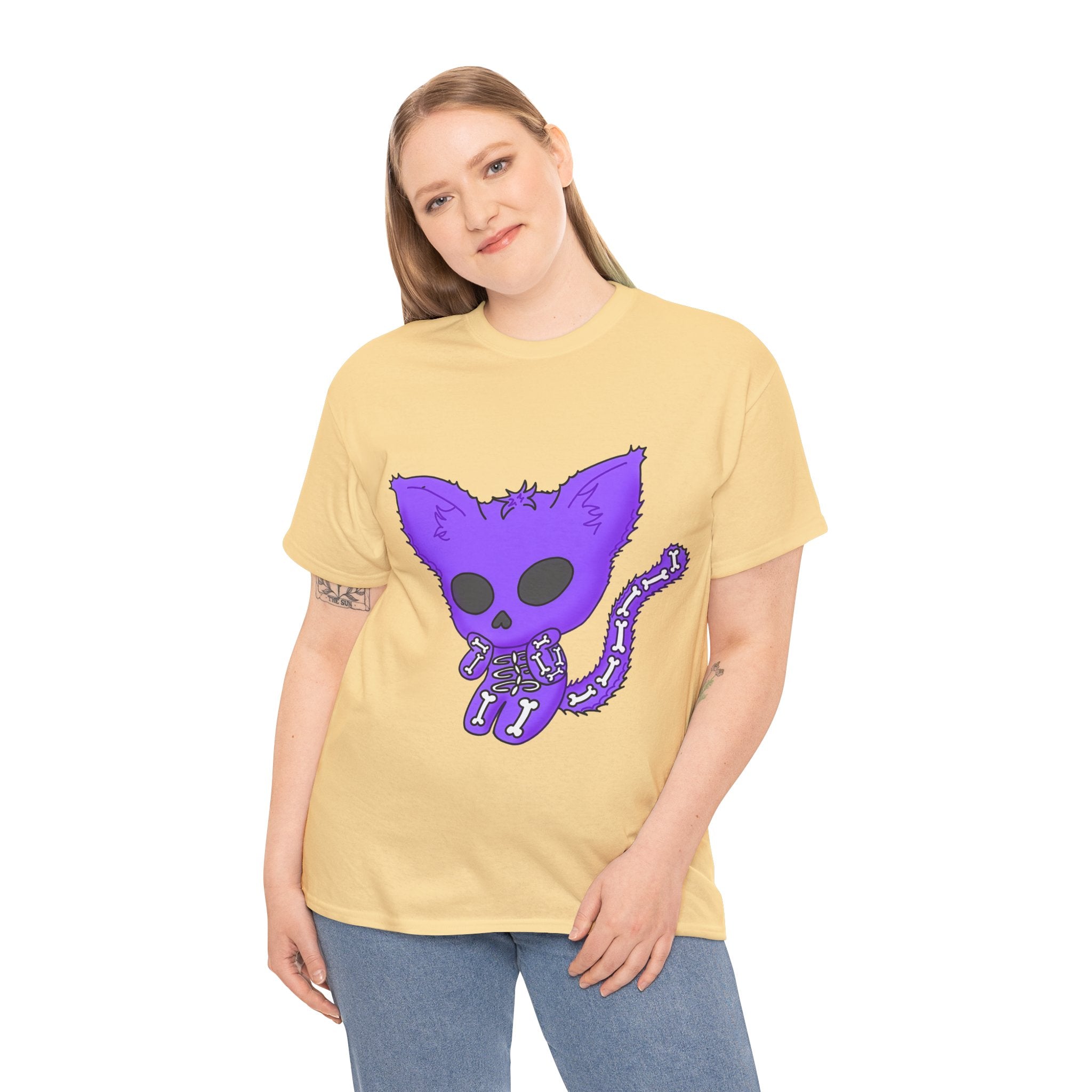 Purple Skeleton Cat Graphic Tee - Cute Creepy Kitty Shirt - 100% Cotton