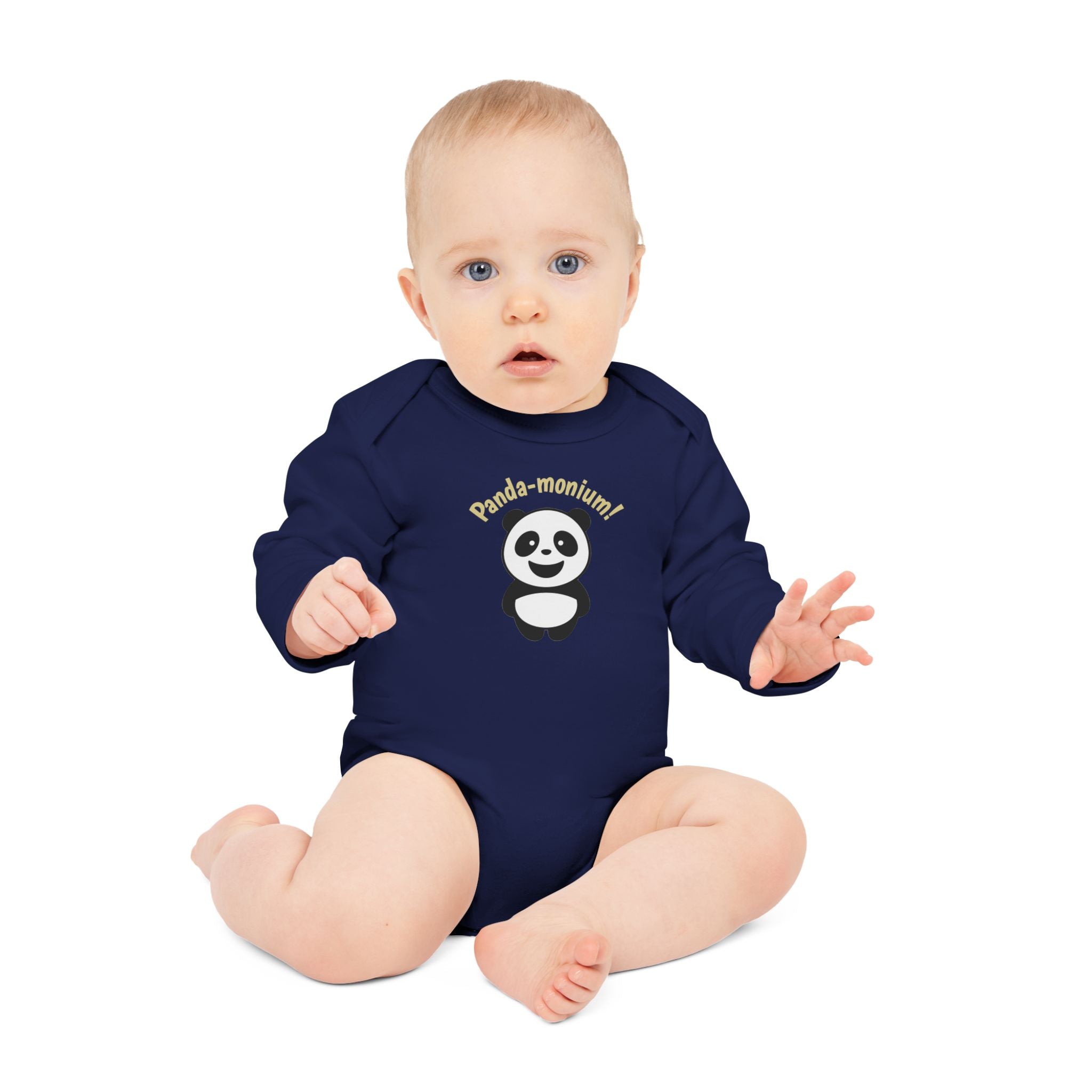 Panda-monium Baby Bodysuit - Cute Panda Long-Sleeve Organic Onesie - 100% certified organic cotton