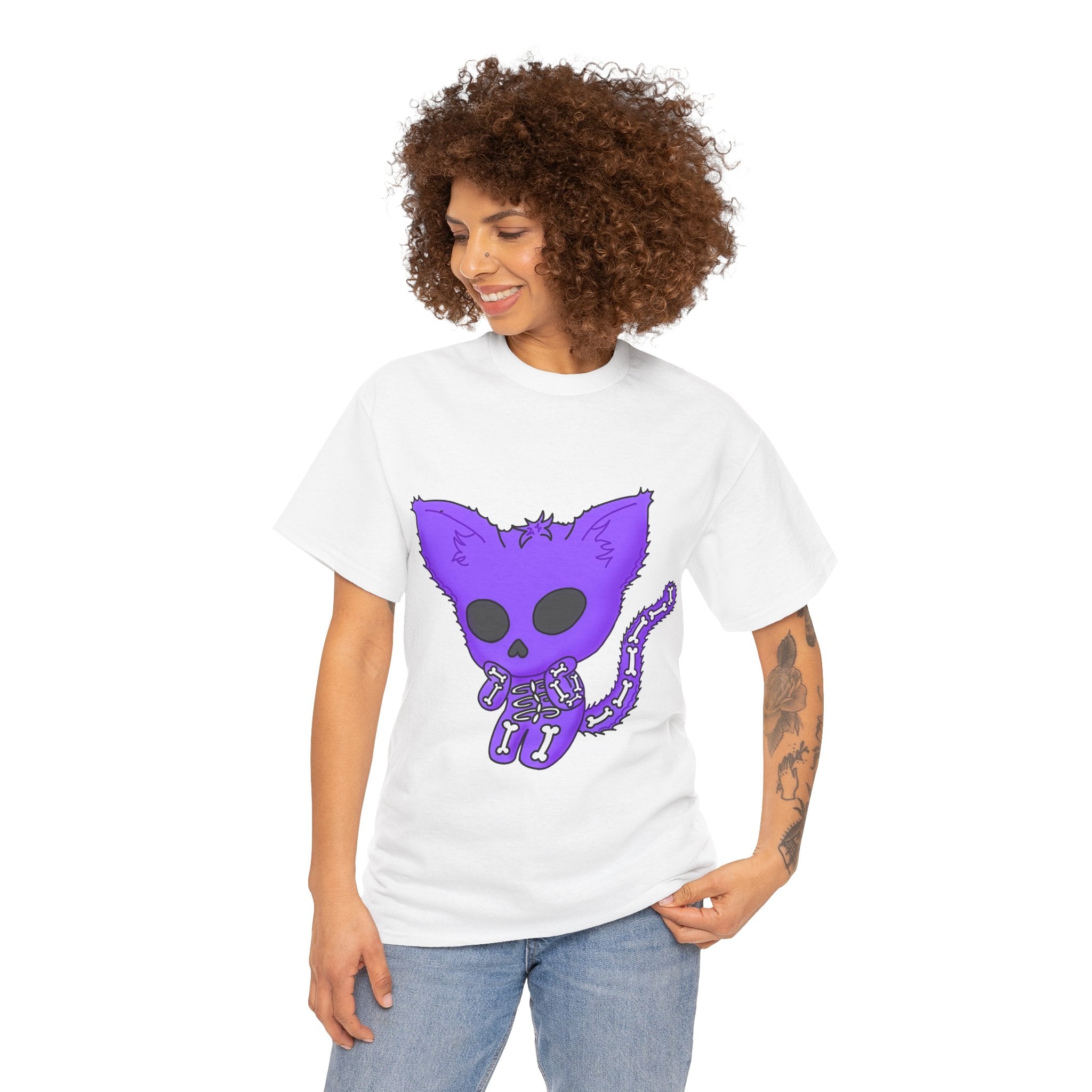 Purple Skeleton Cat Graphic Tee - Cute Creepy Kitty Shirt - 100% Cotton