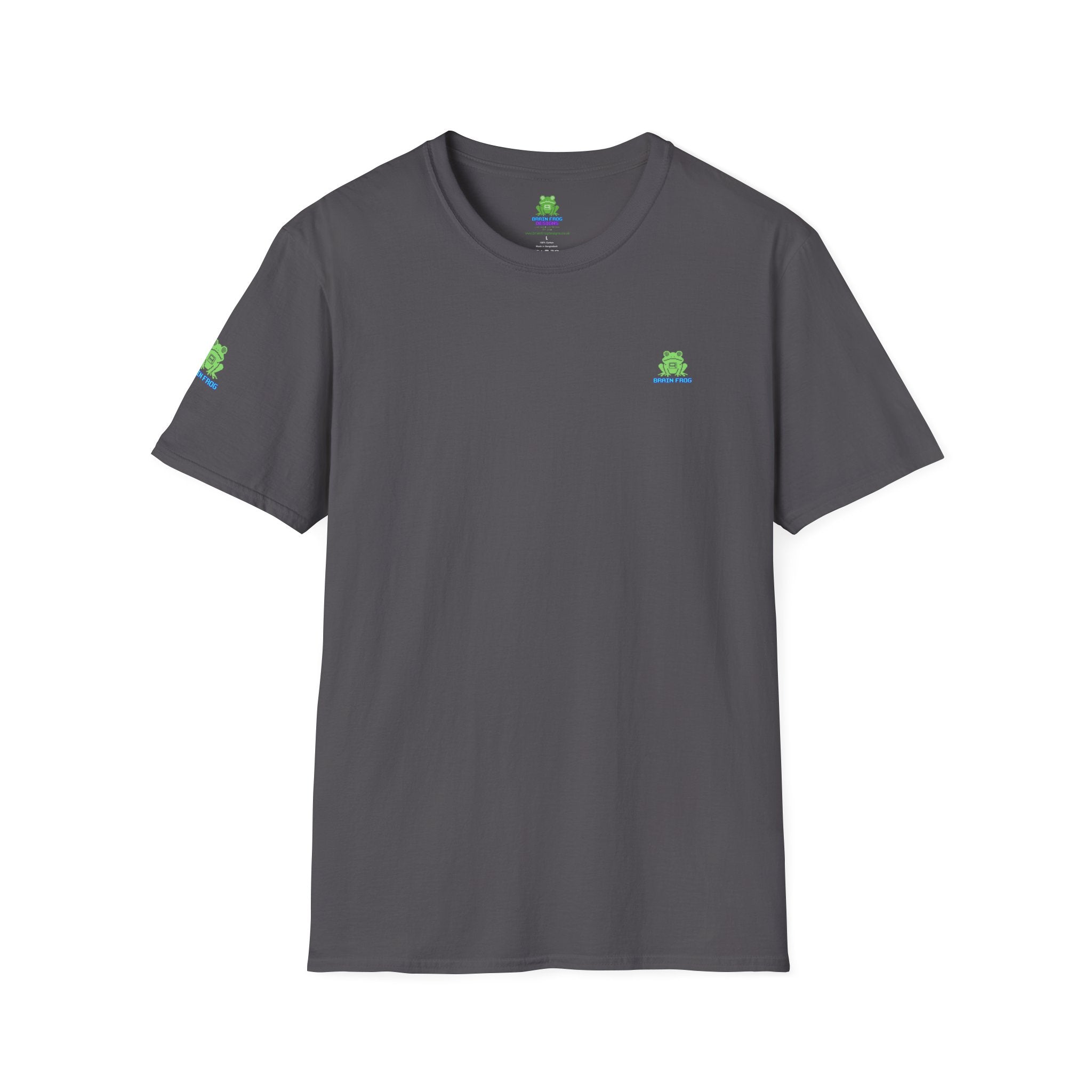 Brain Frog Design Signature T-Shirt - Small Green Brain Frog Logo Tee (Front Chest & Sleeve) - 100% Cotton / Cotton Blend