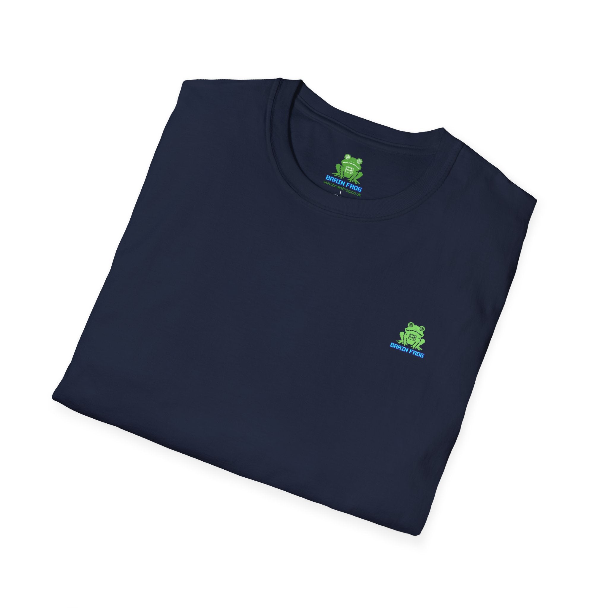 Brain Frog Design Signature T-Shirt - Small Green Brain Frog Logo Tee (Front Chest & Sleeve) - 100% Cotton / Cotton Blend