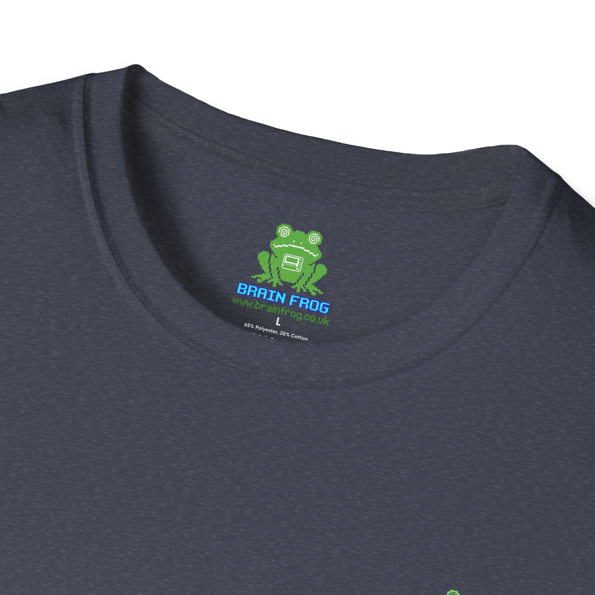 Brain Frog Design Signature T-Shirt - Small Green Brain Frog Logo Tee (Front Chest & Sleeve) - 100% Cotton / Cotton Blend