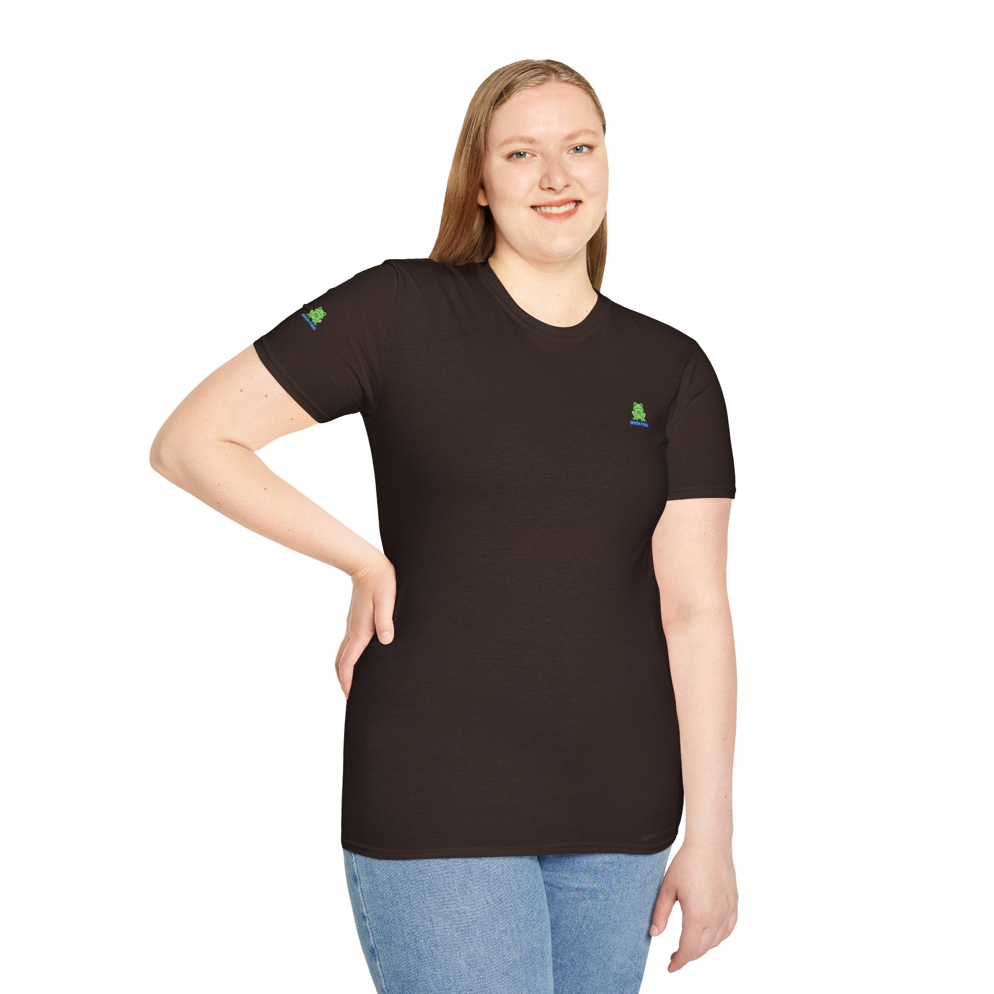 Brain Frog Design Signature T-Shirt - Small Green Brain Frog Logo Tee (Front Chest & Sleeve) - 100% Cotton / Cotton Blend