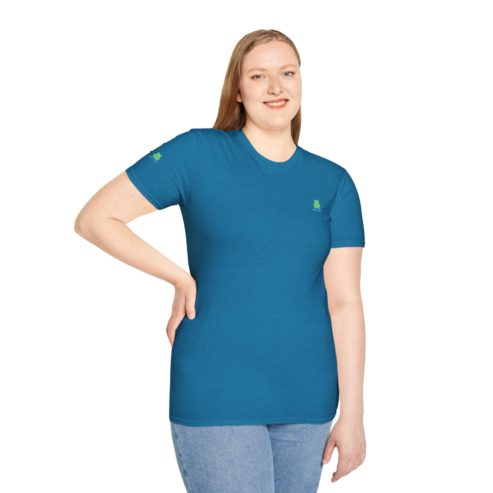 Brain Frog Design Signature T-Shirt - Small Green Brain Frog Logo Tee (Front Chest & Sleeve) - 100% Cotton / Cotton Blend