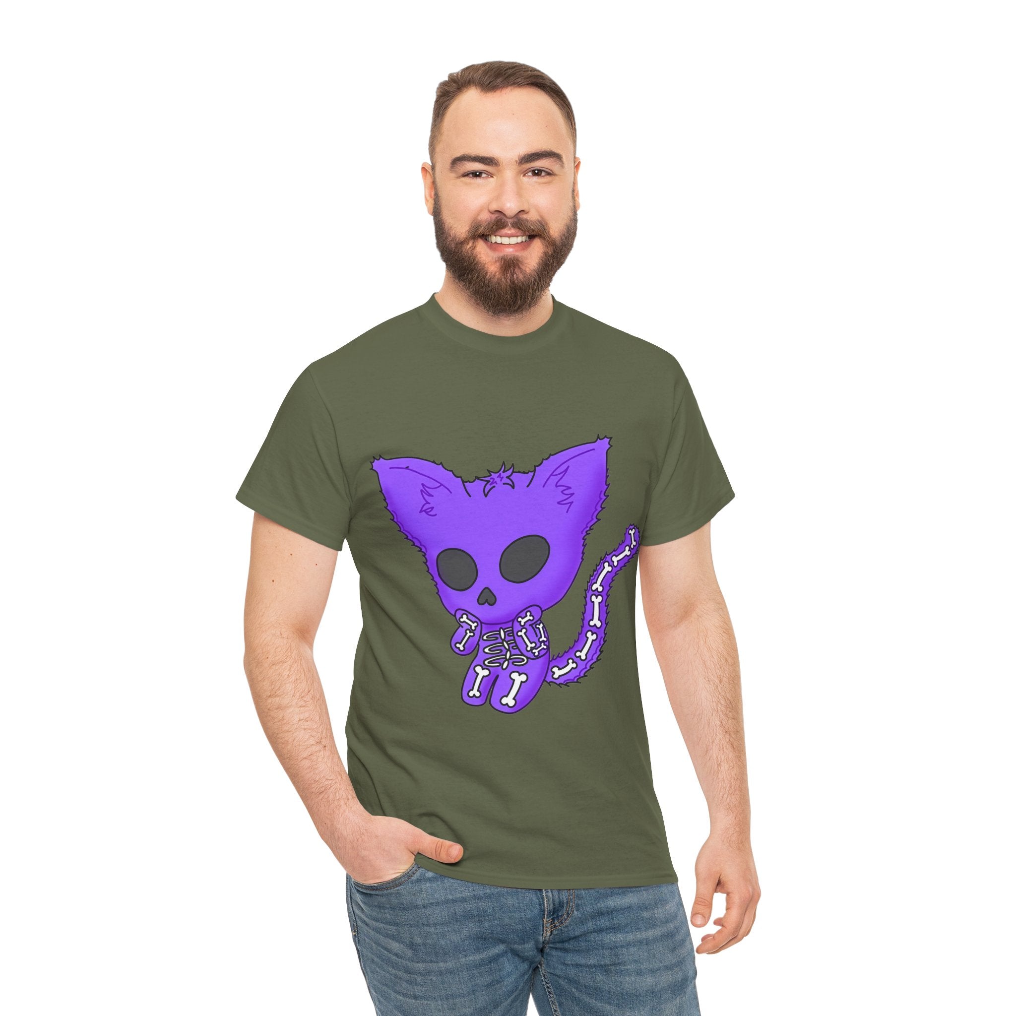 Purple Skeleton Cat Graphic Tee - Cute Creepy Kitty Shirt - 100% Cotton