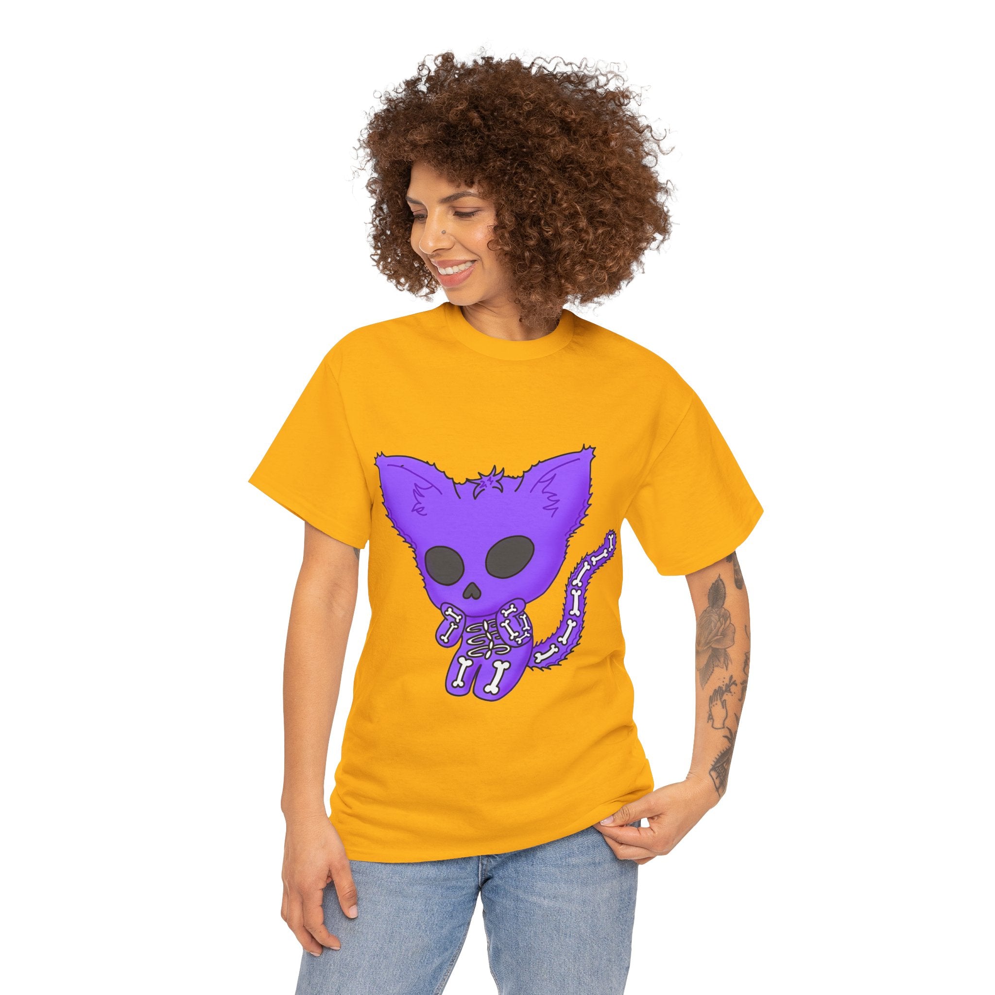 Purple Skeleton Cat Graphic Tee - Cute Creepy Kitty Shirt - 100% Cotton