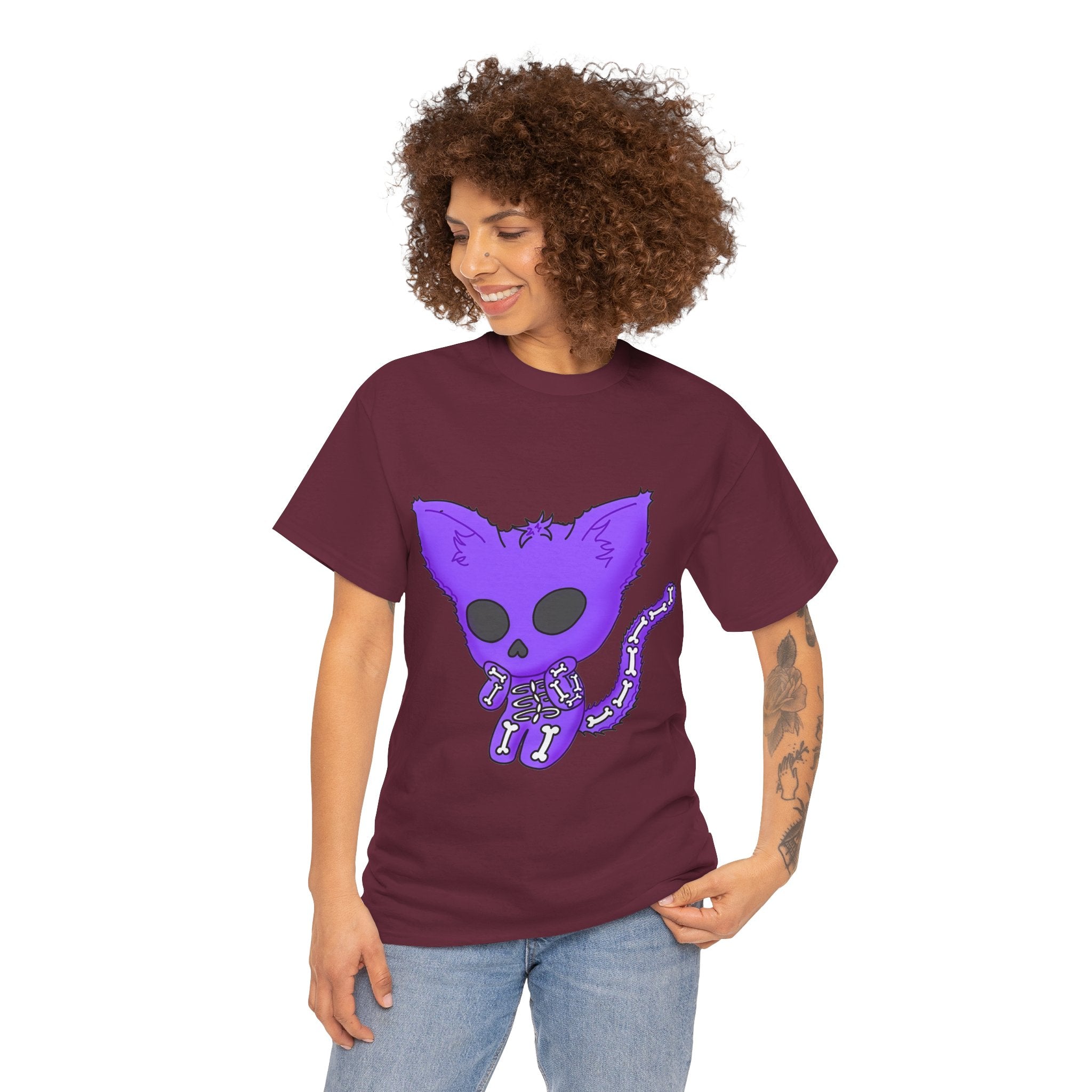 Purple Skeleton Cat Graphic Tee - Cute Creepy Kitty Shirt - 100% Cotton