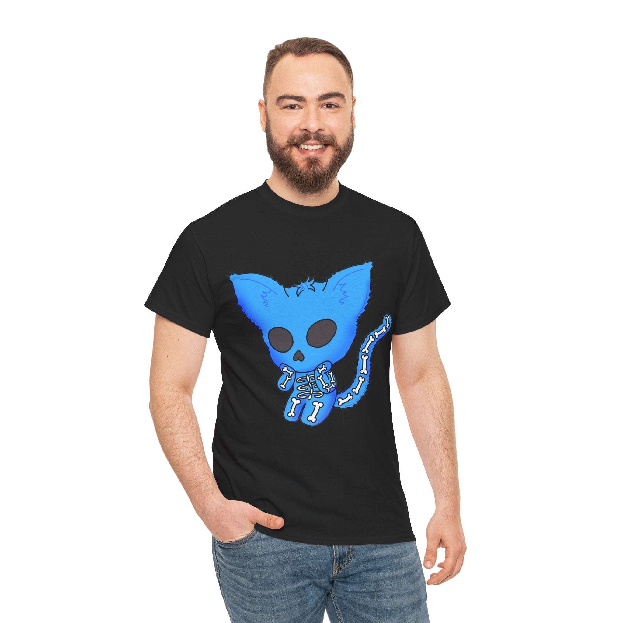 Blue Skeleton Cat Graphic Tee - Cute Creepy Kitty Shirt - 100% Cotton