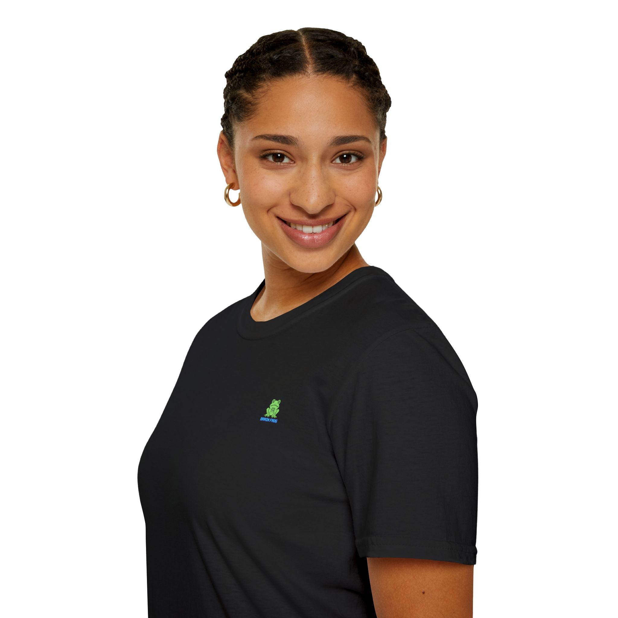Brain Frog Design Signature T-Shirt - Small Green Brain Frog Logo Tee (Front Chest & Sleeve) - 100% Cotton