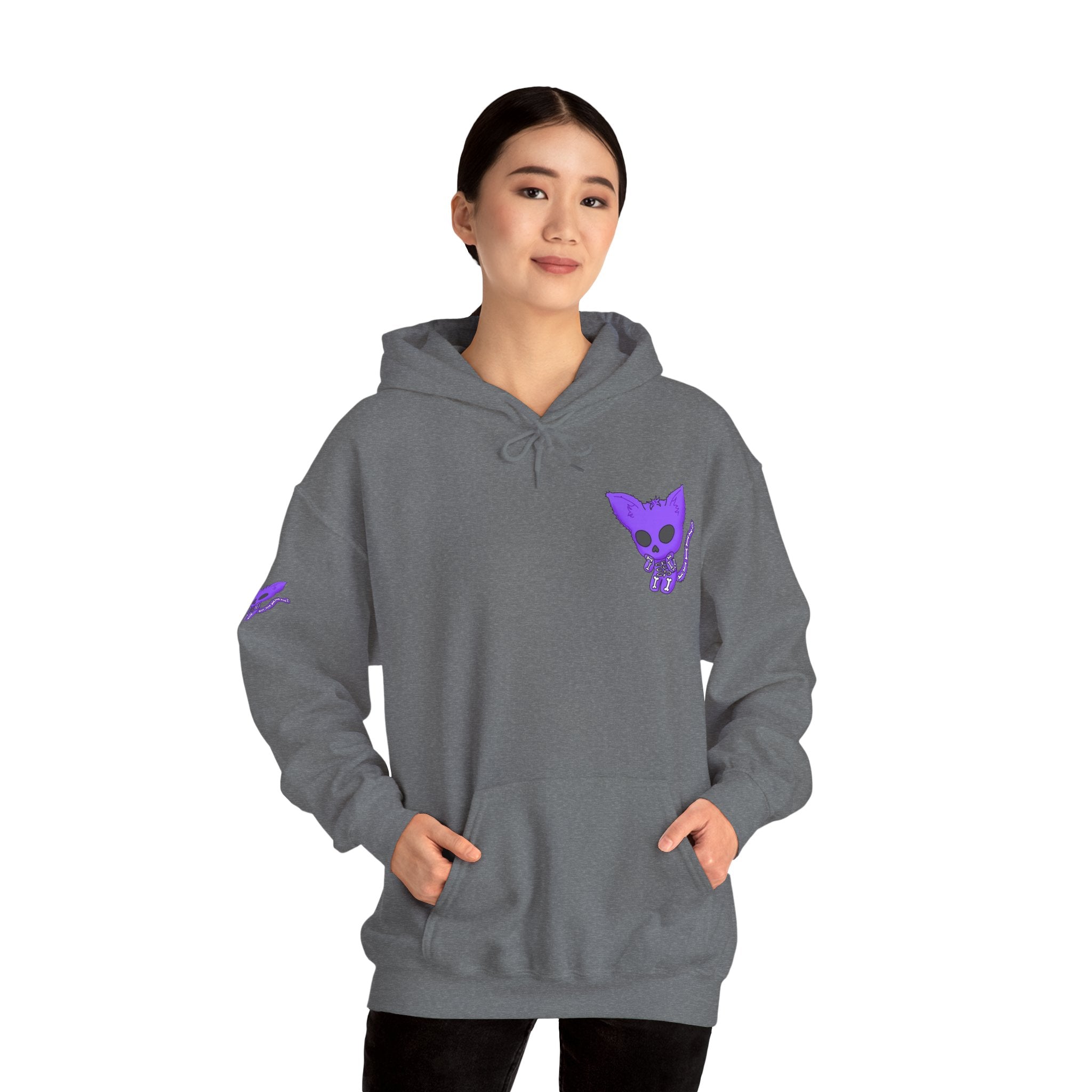 Purple Skeleton Cat Hoodie – Cute Spooky Graphic Sweatshirt - Unique Brand Design