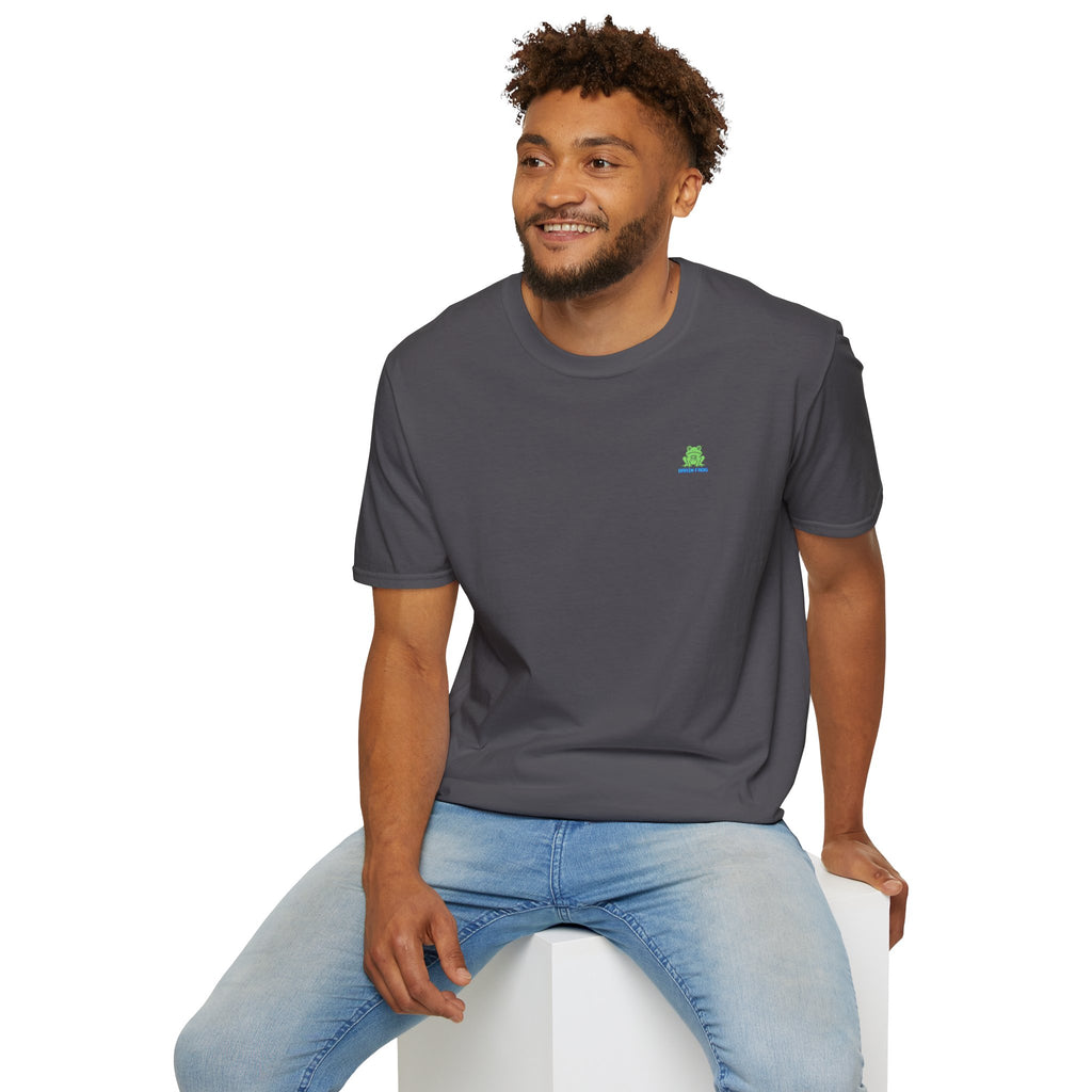 Brain Frog Design Signature T-Shirt - Small Green Brain Frog Logo Tee (Front Chest & Sleeve) - 100% Cotton