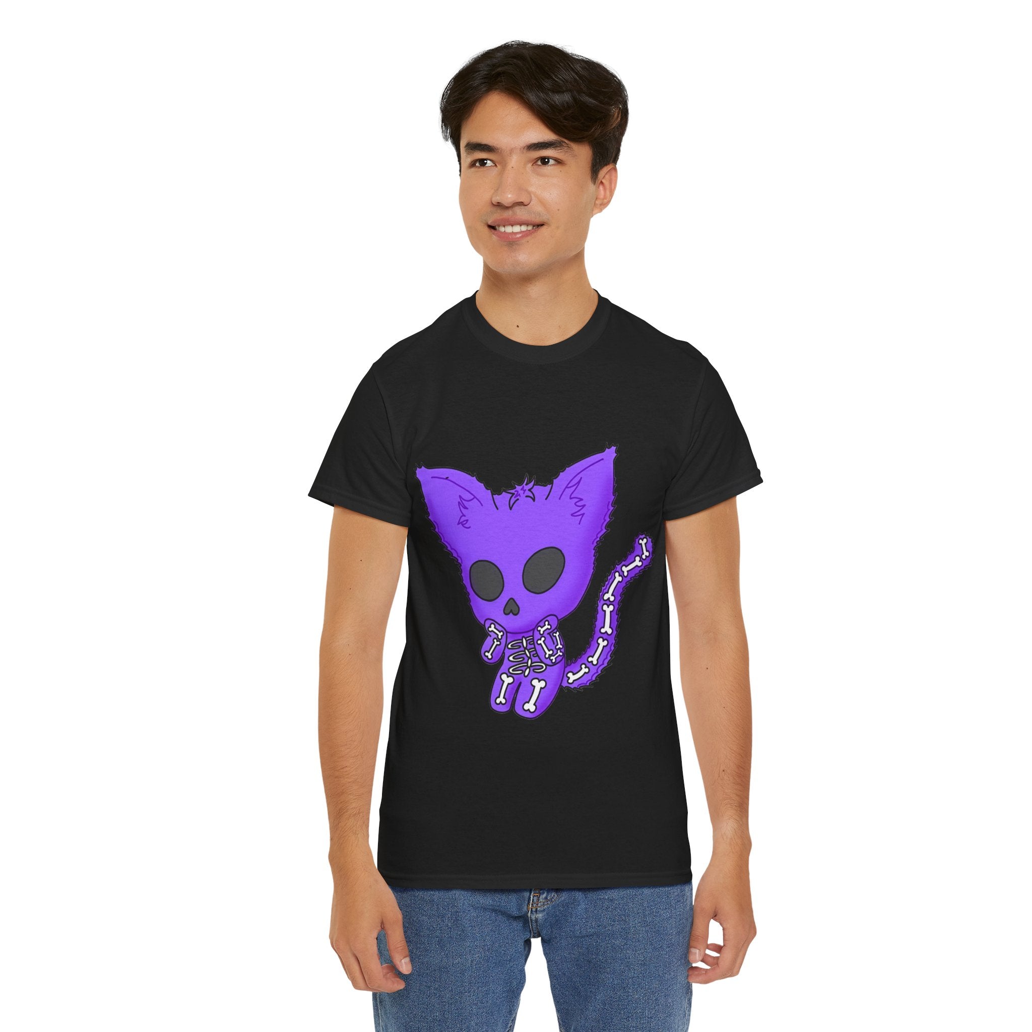Purple Skeleton Cat Graphic Tee - Cute Creepy Kitty Shirt - 100% Cotton