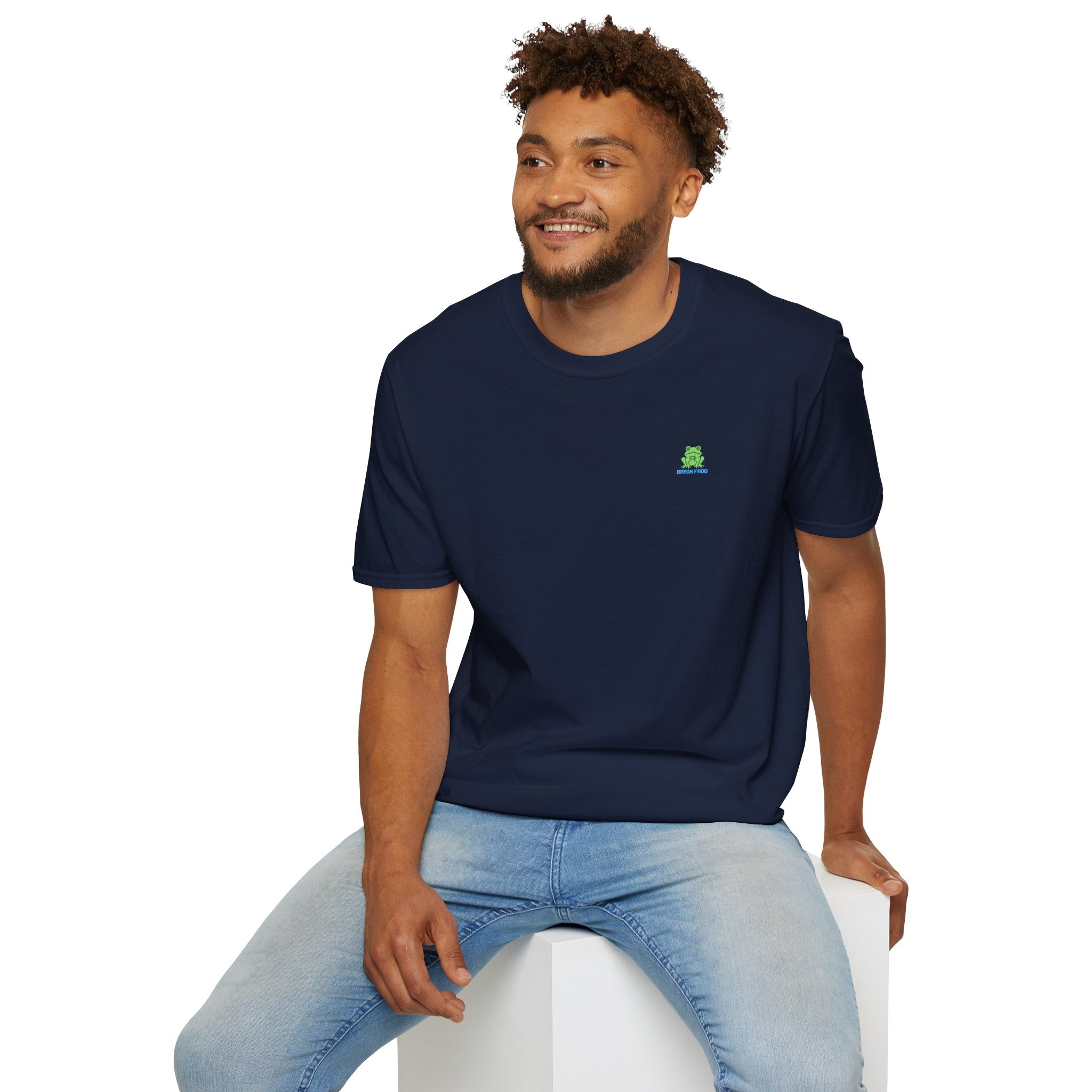 Brain Frog Design Signature T-Shirt - Small Green Brain Frog Logo Tee (Front Chest & Sleeve) - 100% Cotton / Cotton Blend