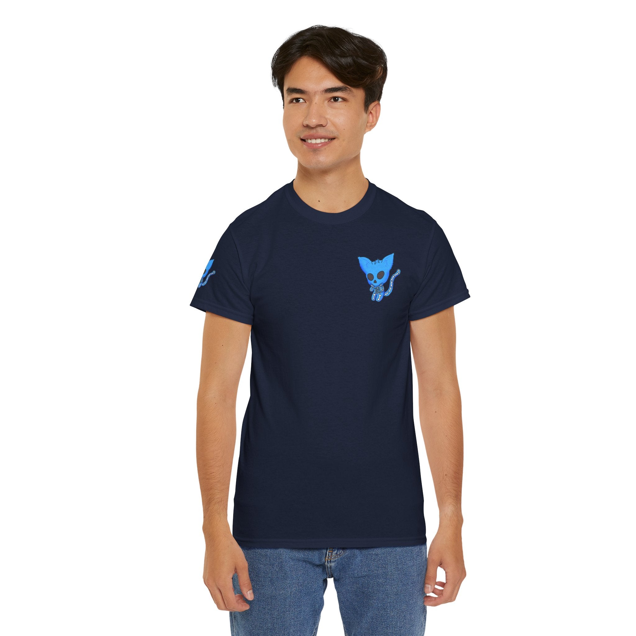 Blue Skeleton Cat Graphic Tee - Cute Creepy Kitty Shirt - 100% Cotton