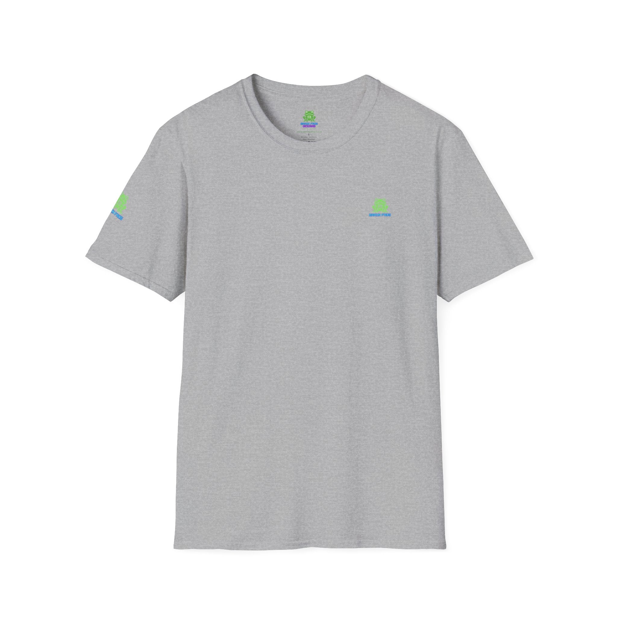 Brain Frog Design Signature T-Shirt - Small Green Brain Frog Logo Tee (Front Chest & Sleeve) - 100% Cotton / Cotton Blend