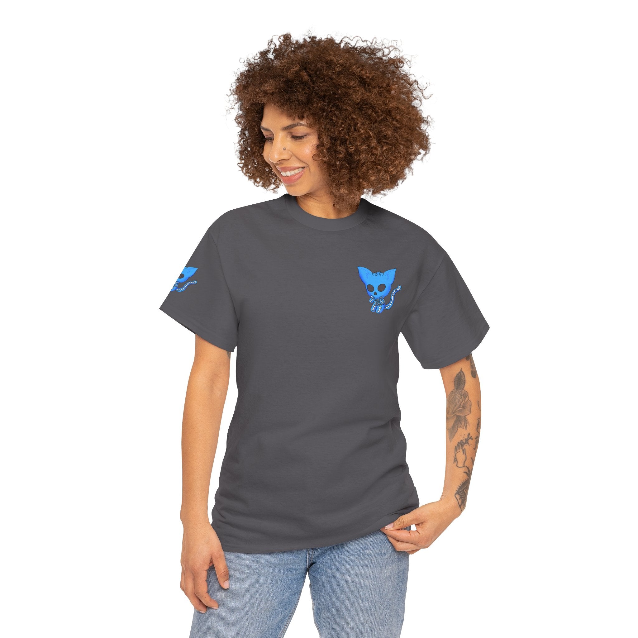 Blue Skeleton Cat Graphic Tee - Cute Creepy Kitty Shirt - 100% Cotton