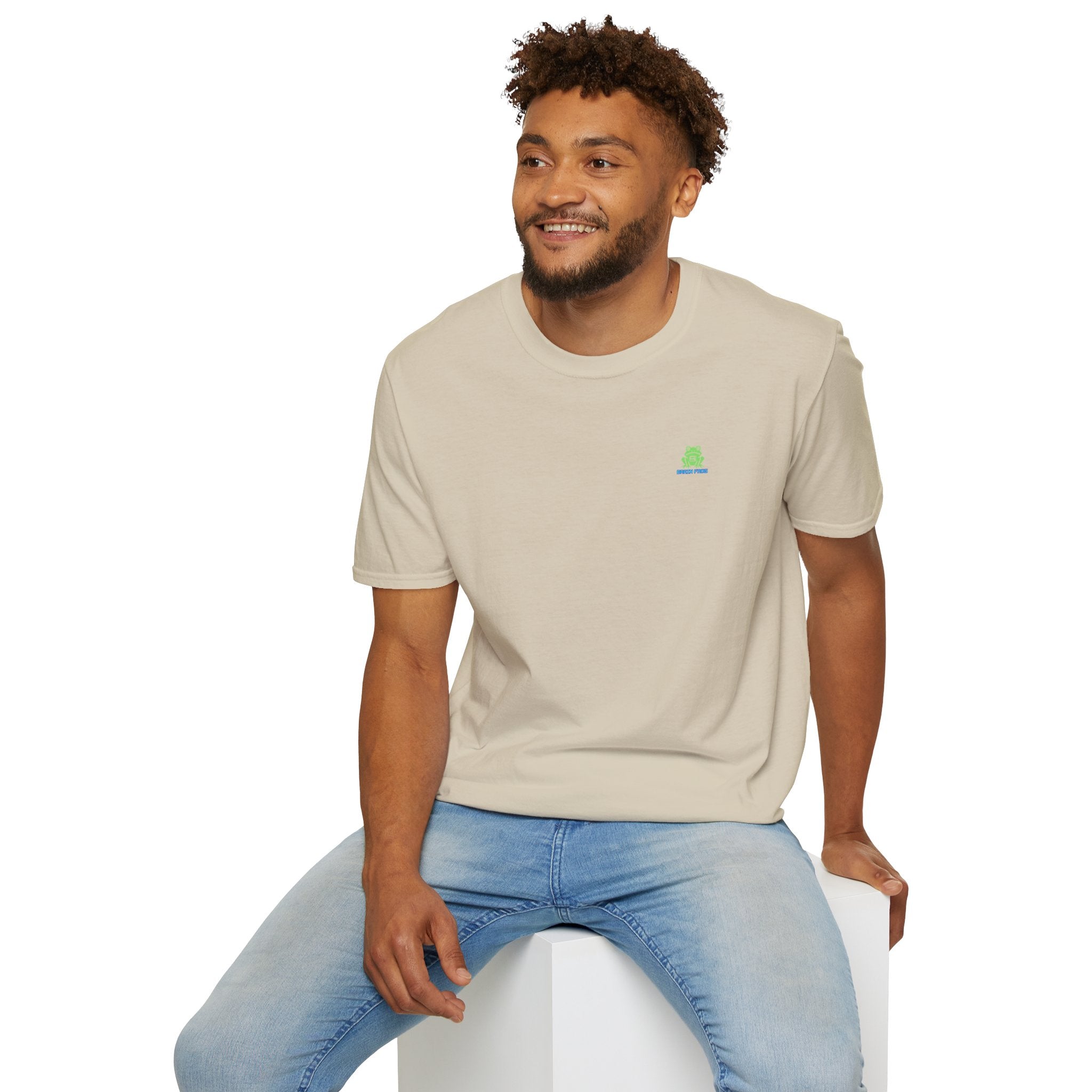 Brain Frog Design Signature T-Shirt - Small Green Brain Frog Logo Tee (Front Chest & Sleeve) - 100% Cotton / Cotton Blend