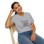 Geometric Cat T-Shirt - Minimal Line Art Cat Face Tee - 100% Cotton