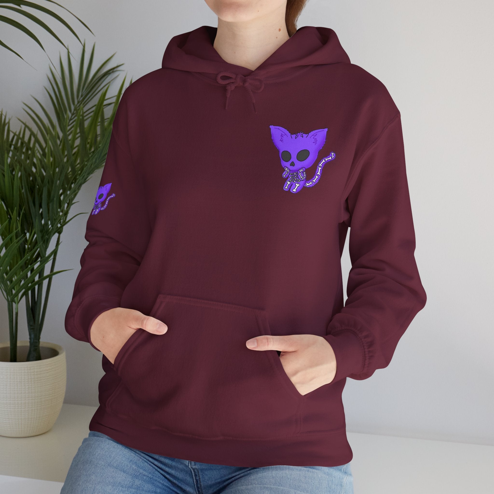 Purple Skeleton Cat Hoodie – Cute Spooky Graphic Sweatshirt - Unique Brand Design