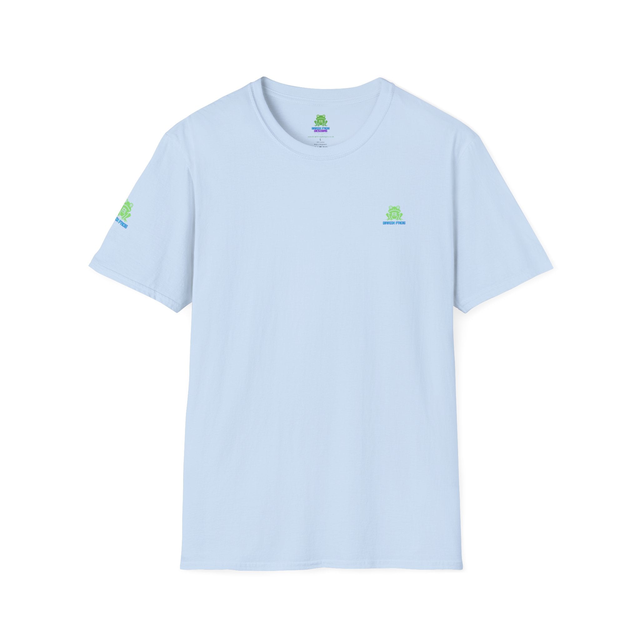 Brain Frog Design Signature T-Shirt - Small Green Brain Frog Logo Tee (Front Chest & Sleeve) - 100% Cotton / Cotton Blend