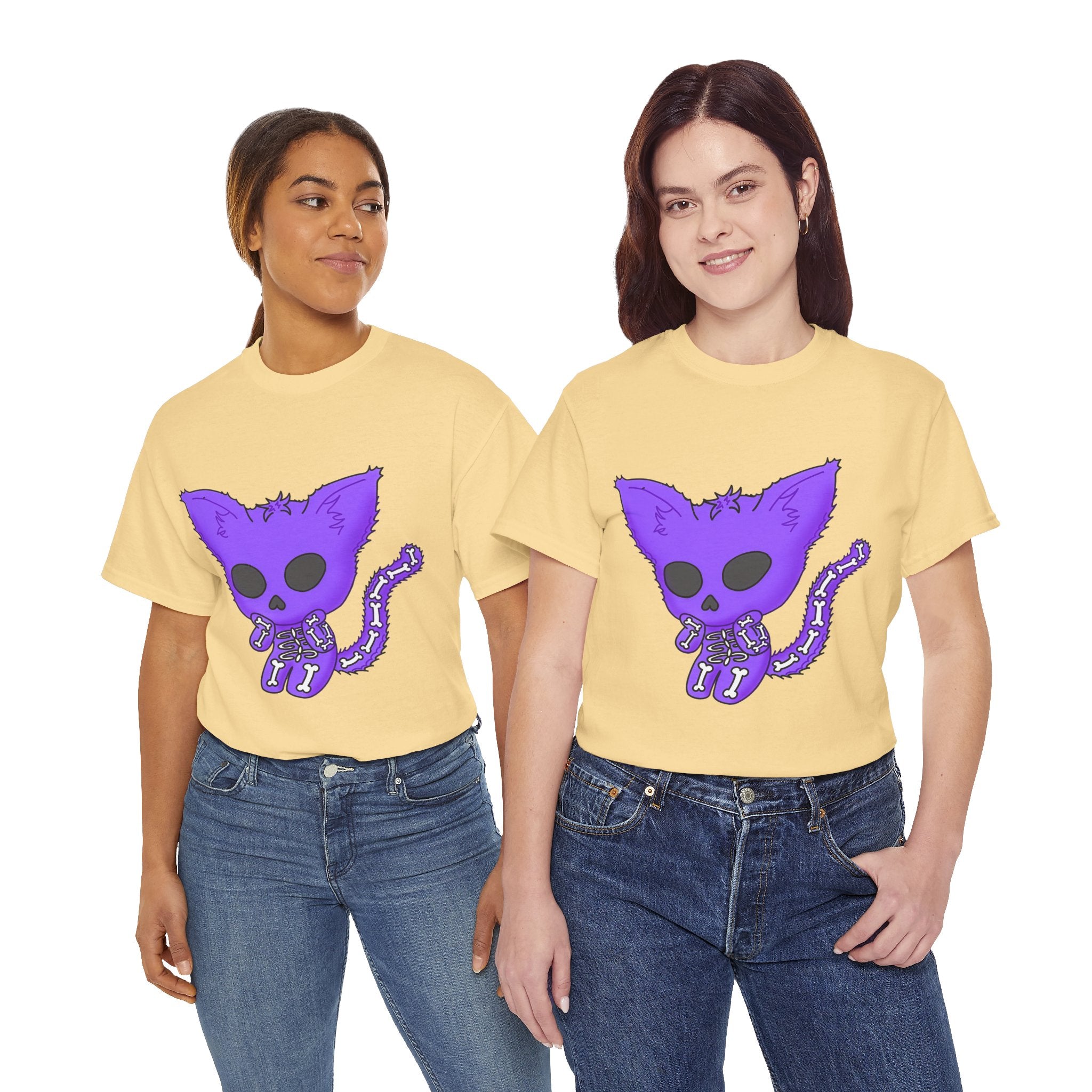 Purple Skeleton Cat Graphic Tee - Cute Creepy Kitty Shirt - 100% Cotton